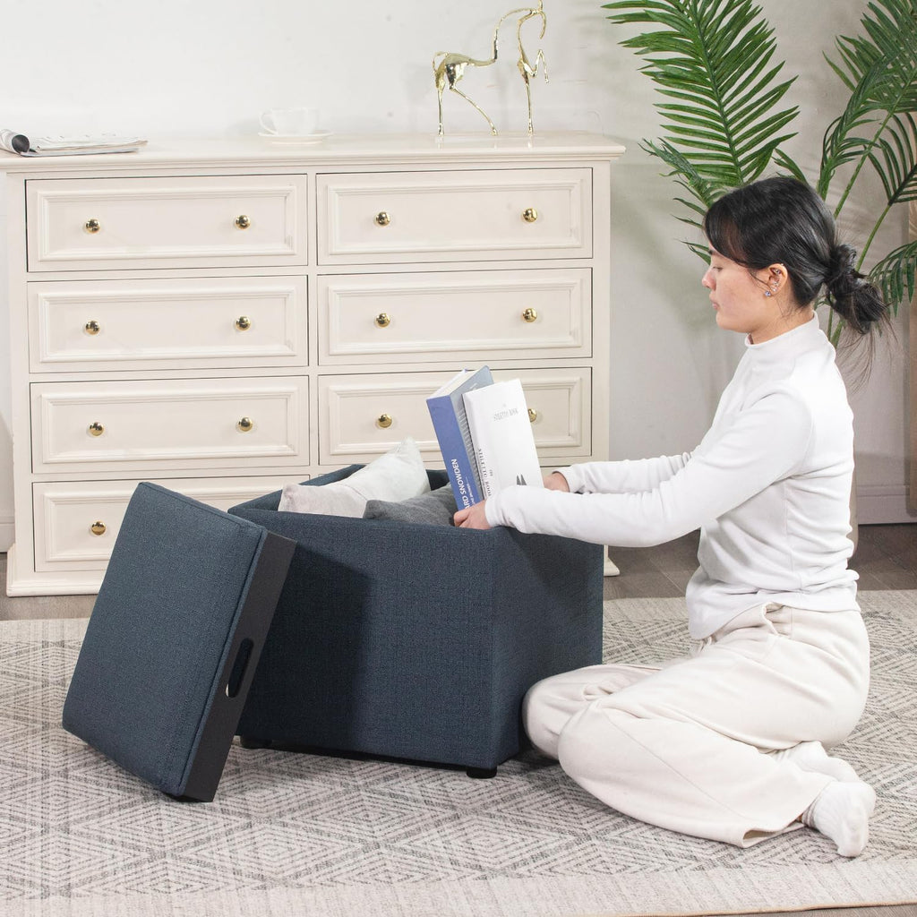 Joveco Storage Square Ottoman with Tray, Small Linen Foot Rest Stool Cube, Coffee Table for Dorm Living Room Bedroom, Denim Gray