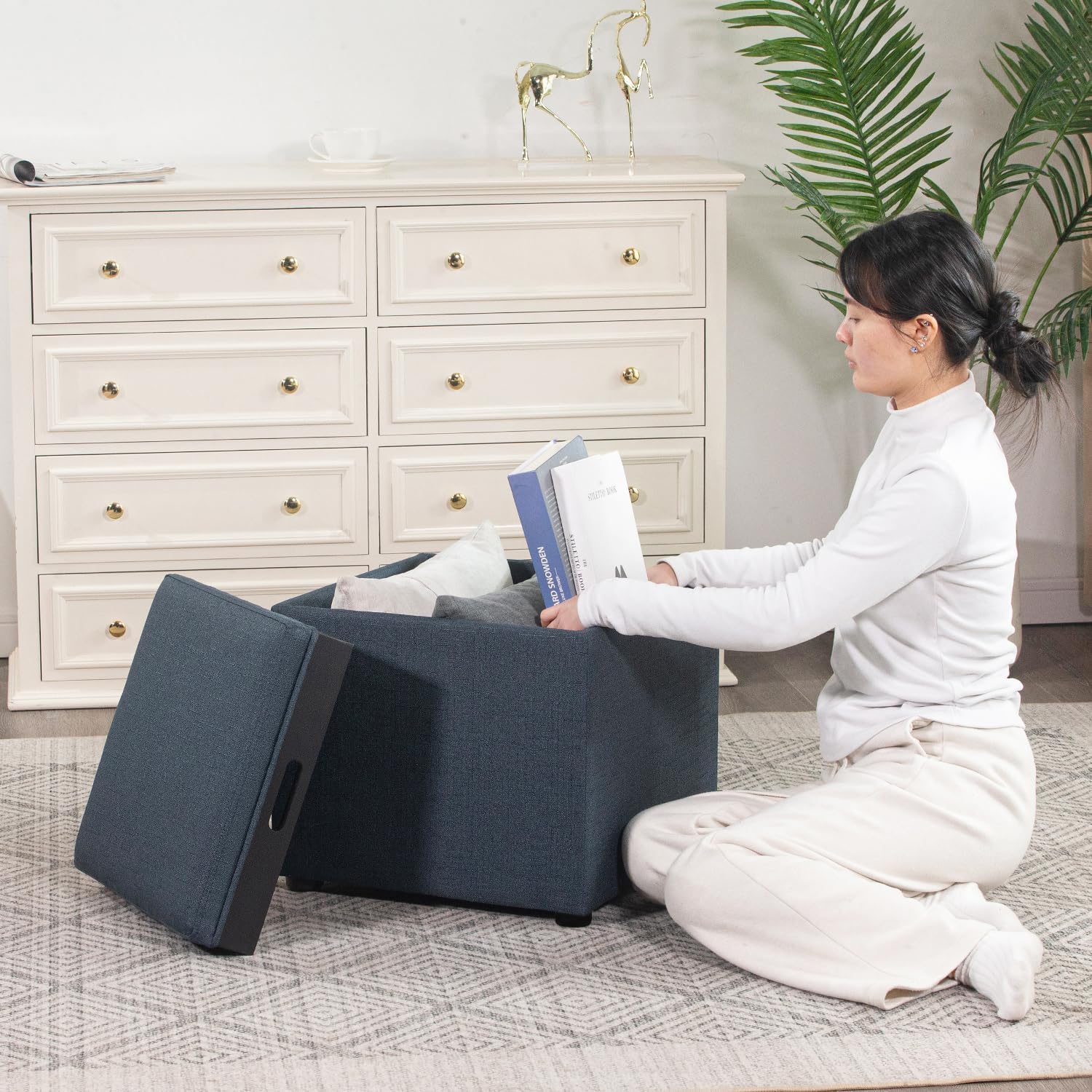 Joveco Storage Square Ottoman with Tray, Small Linen Foot Rest Stool Cube, Coffee Table for Dorm Living Room Bedroom, Denim Gray