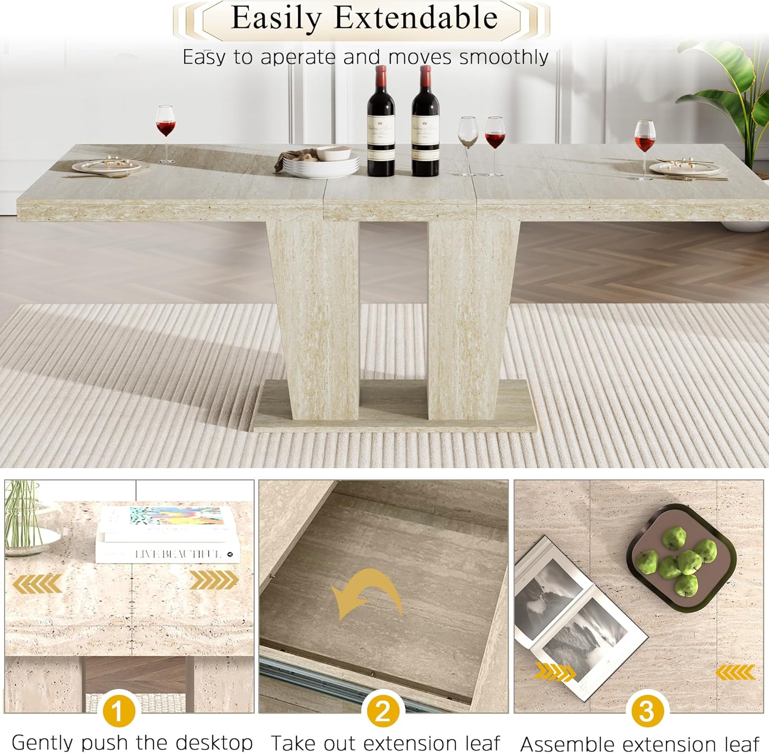 7-Piece Extendable Dining Table Set for 6, 63-78" Faux Travetine Kitchen Table Set for 6 with Grey Tufted Chairs, Rectangular Expandable Dining Room Table with Dual Columns Base,Space-Saving