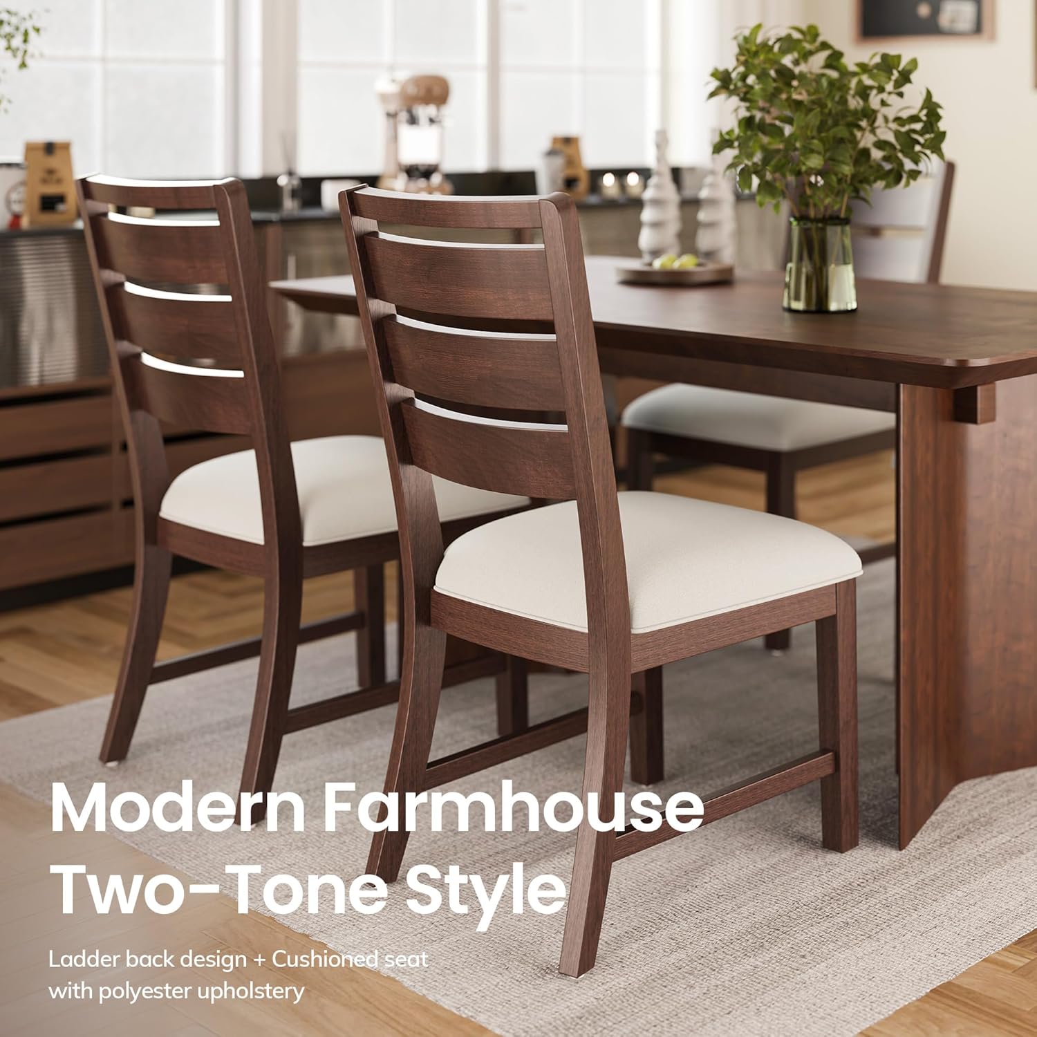 COLAMY Wooden Dining Chairs Set of 2, Farmhouse Upholstered Dining Room Chairs with 3.5" Thick Cushion, FSC Solid Wood Ladder Back Kitchen Chairs for Home and Restaurant, Easy Clean,Brown