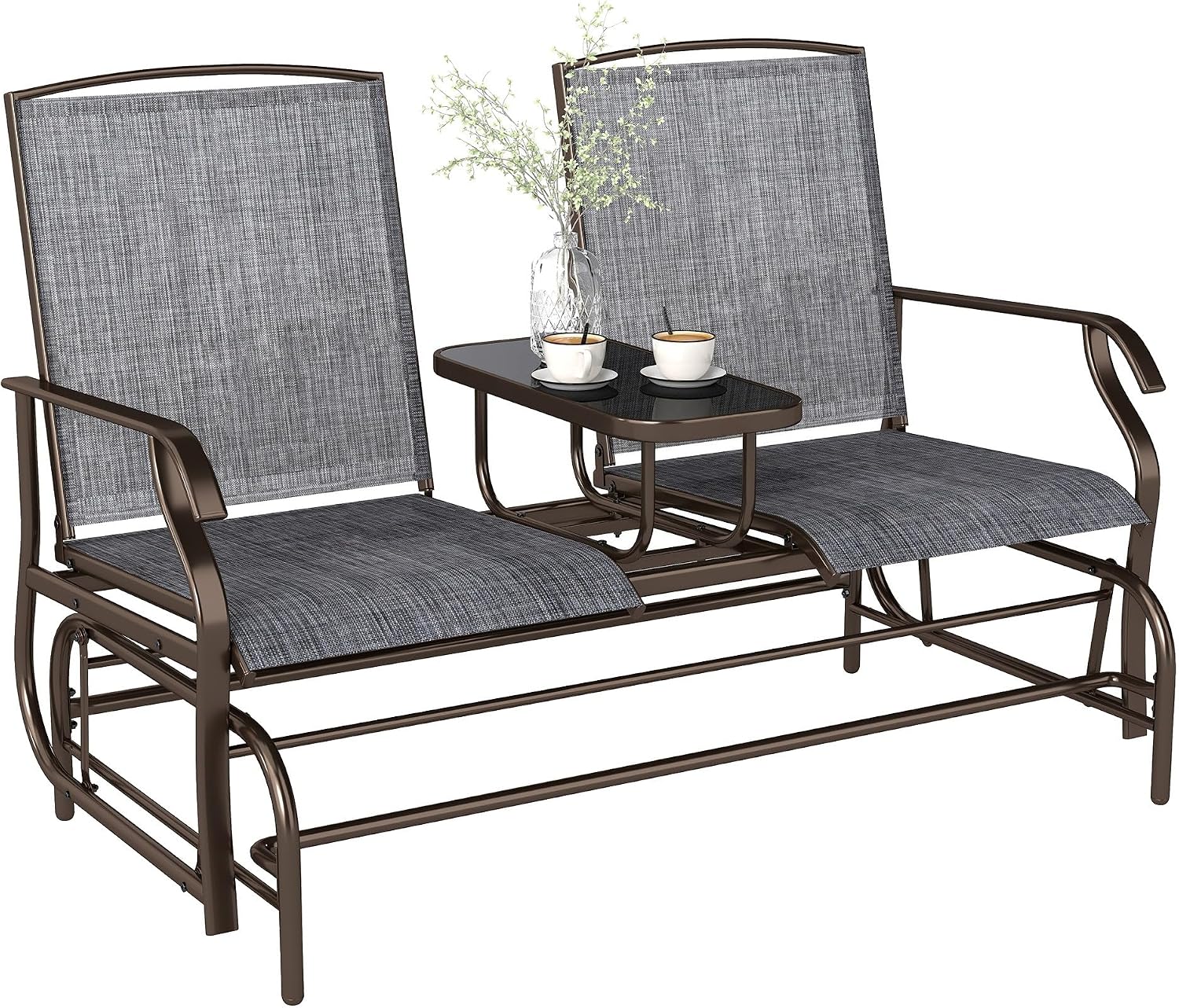 Two-Person Outdoor Glider Bench with Center Table for Garden Patio Use