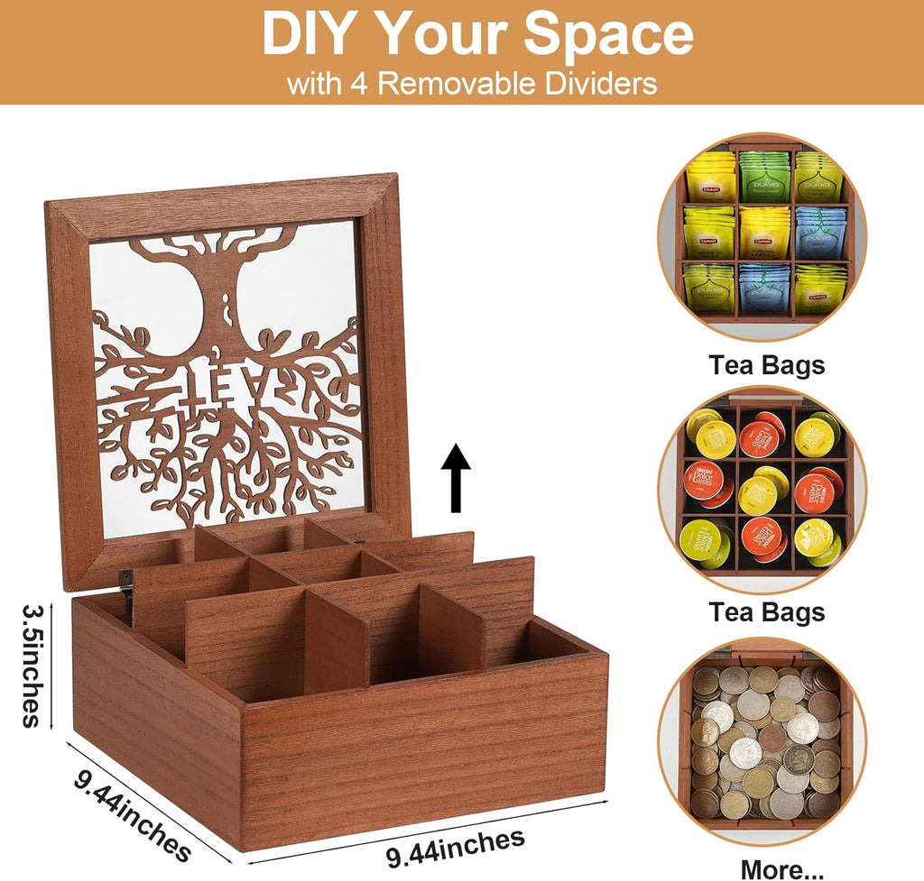 Wood Tea Box Organizer,Tea Organizers and Storage with Tree Pattern,Tea Bag Holder,Decorative Tea Storage Organizer Box,9 Compartments Tea Organizer for Tea Bags Coffee
