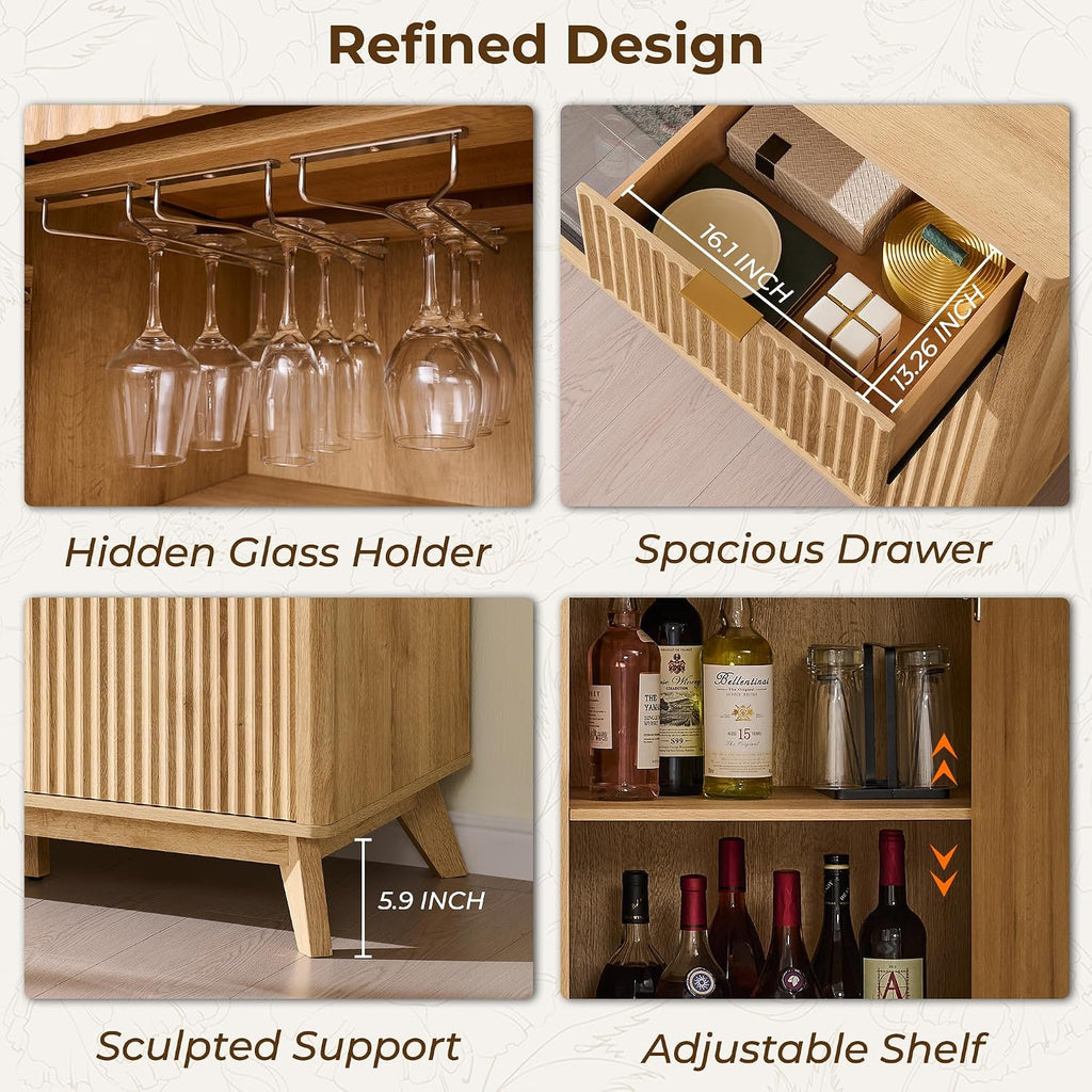 OKD 60" Fluted Coffee Bar Cabinet with Mini Fridge Space, Natural Oak | Mini Fridge Compatible, Built In Charging Station, 3 Stemware Racks, 2 Drawers, 2 Cabinets, Home Bar Cabinet Storage