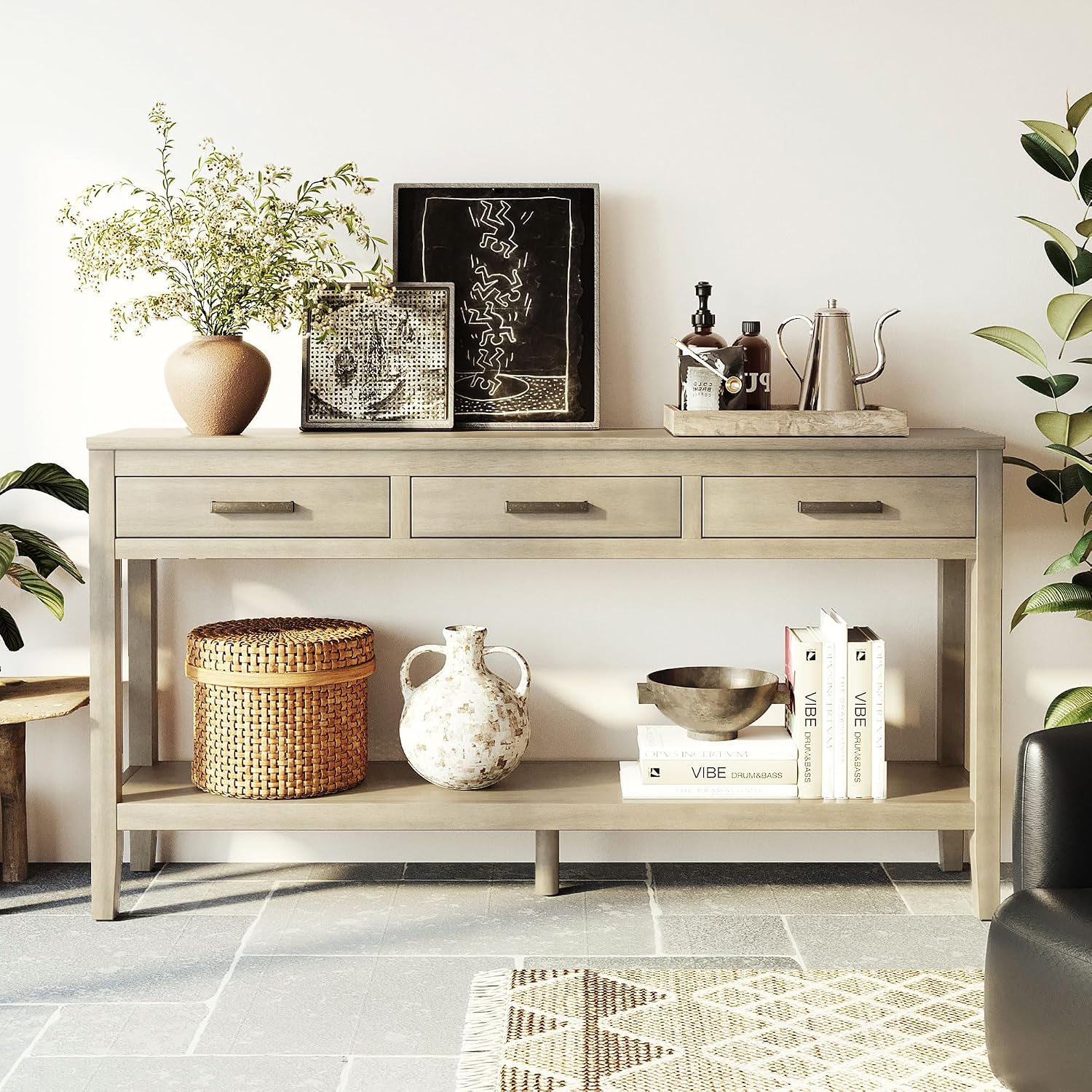 Modern Wood Console Table 59'' Extra Long Entryway Sofa Table with Drawers & Open Storage Shelf for Living Room Entrance Hallway (Gray)