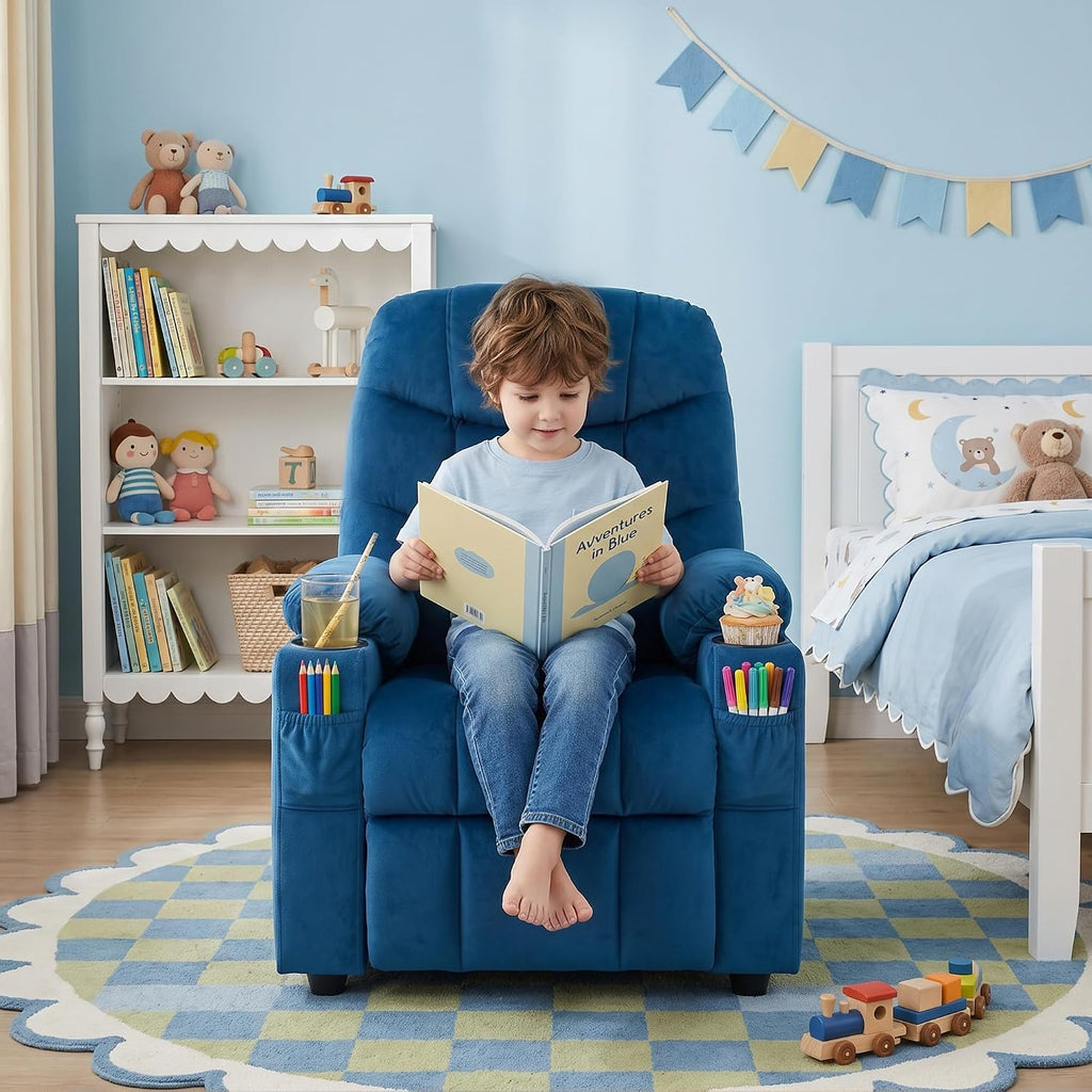 Velvet Larger Kids Reclining Chair Fabric Recliner Sofa Push Back Children Ages 3-12 with Dual Cup Holders and 4 Pockets