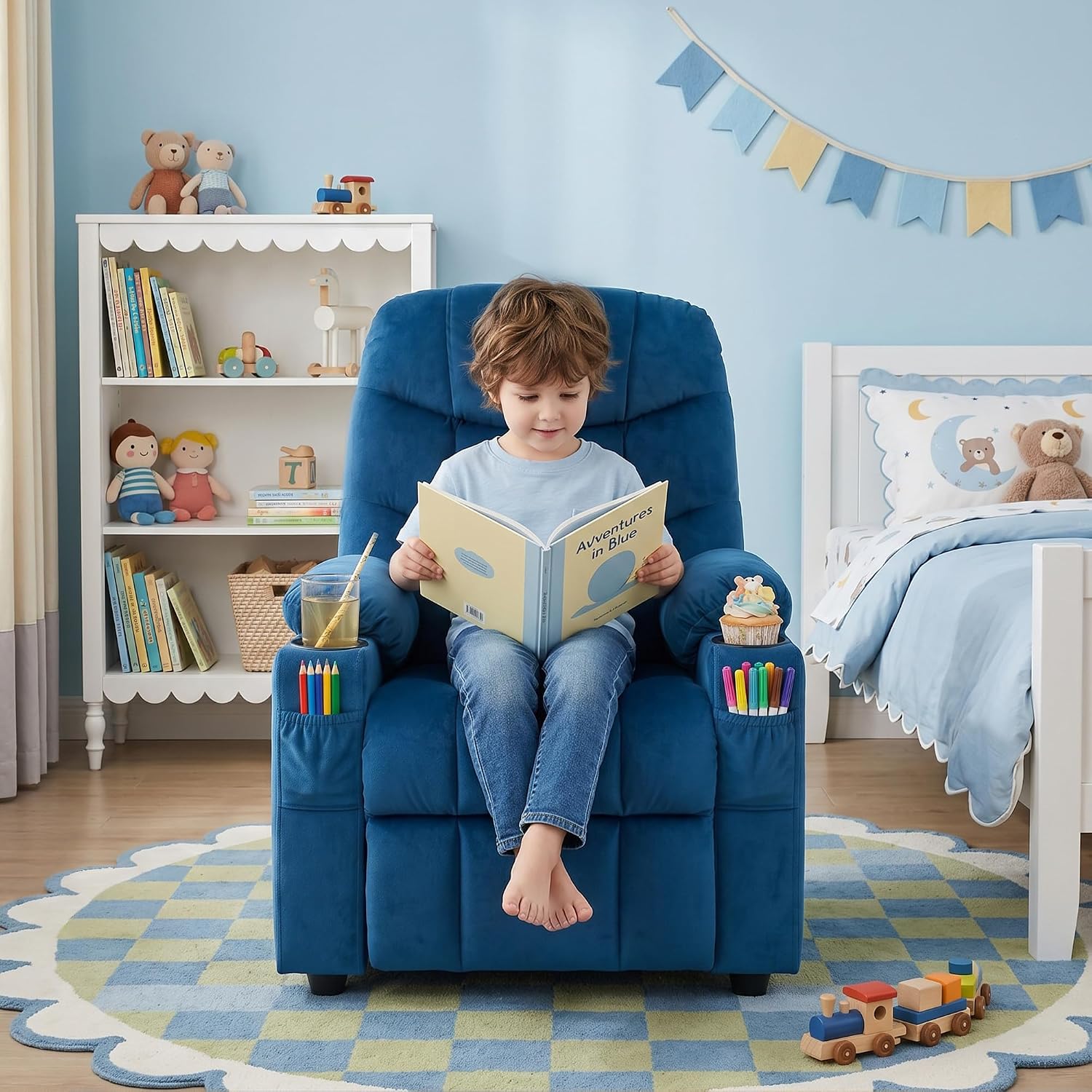 Velvet Larger Kids Reclining Chair Fabric Recliner Sofa Push Back Children Ages 3-12 with Dual Cup Holders and 4 Pockets