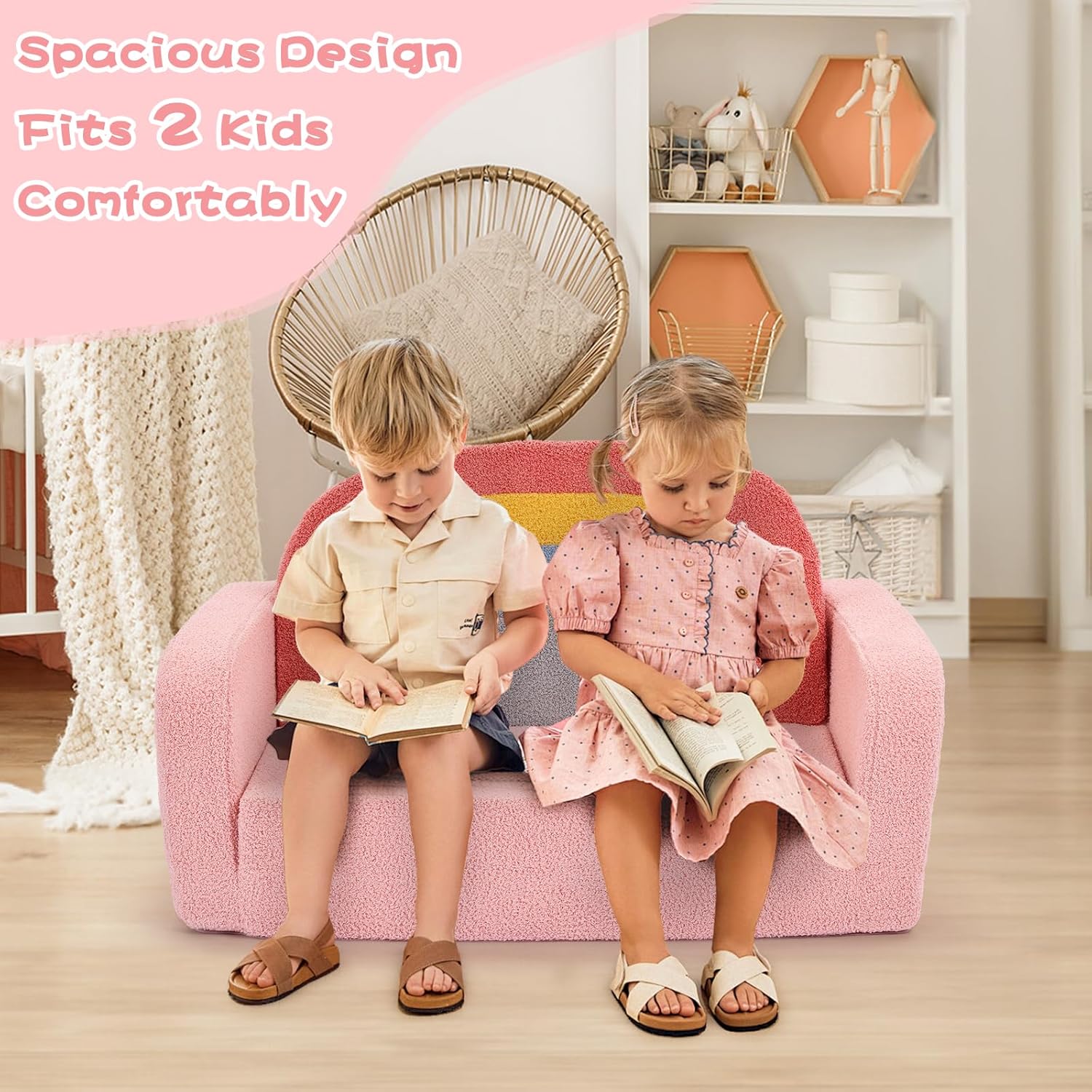 Foryoomi Extra Wide Kids Couch, 2-in-1 Soft Toddler Couch with Blanket, Comfy Toddler Chair, Convertible Sofa with Cute Colorful Rainbow Design, Pink