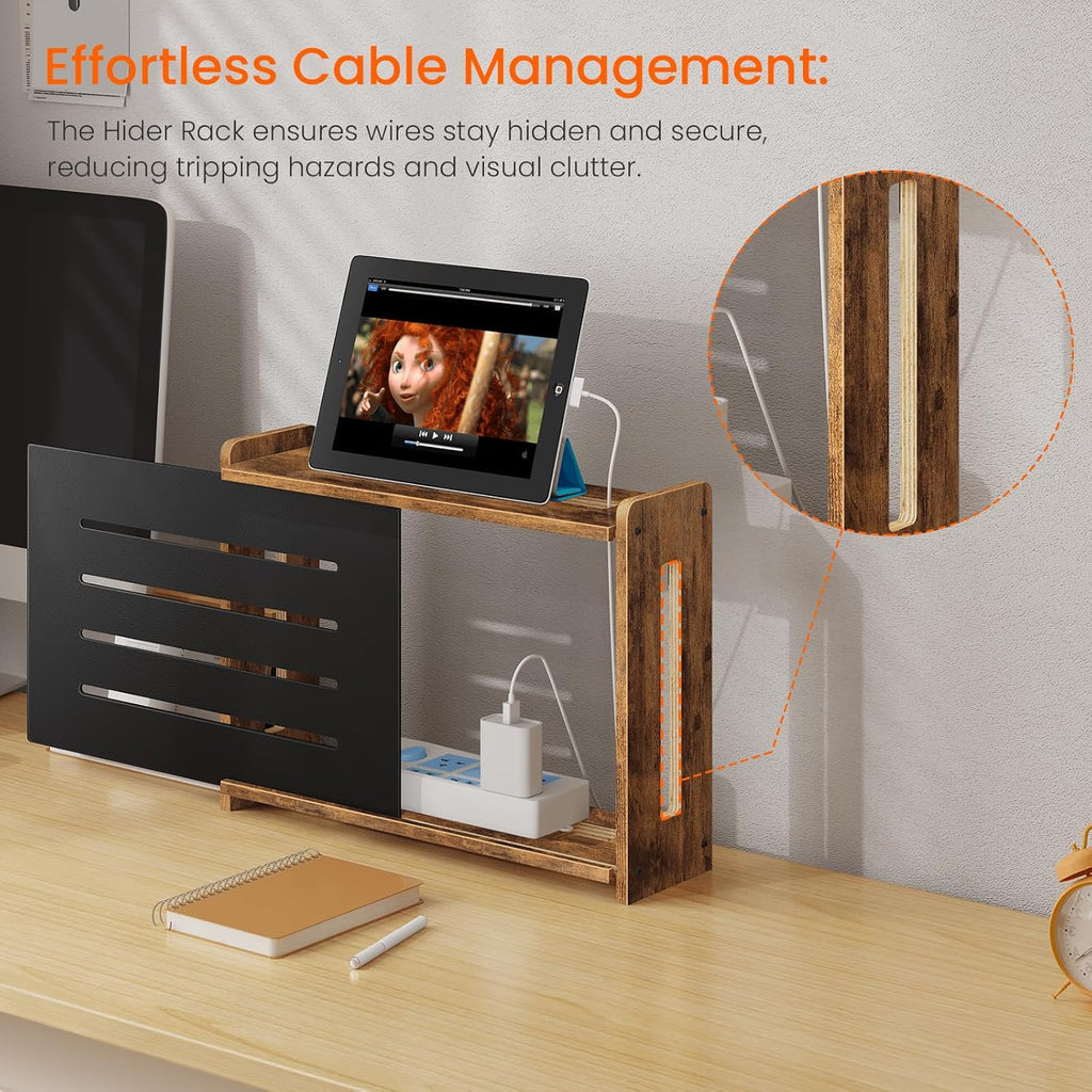 Homode Wooden WiFi Router Box Hider, Wall Mount or Tabletop Router Shelf with Metal Frame, Decorative Modem & Power Strip Storage Cabinet, Internet Cable Management Organizer, Rustic Brown