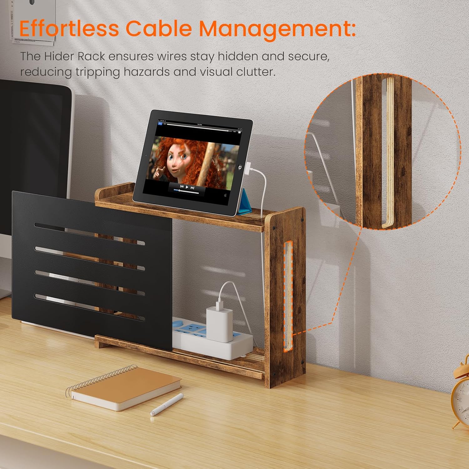 Homode Wooden WiFi Router Box Hider, Wall Mount or Tabletop Router Shelf with Metal Frame, Decorative Modem & Power Strip Storage Cabinet, Internet Cable Management Organizer, Rustic Brown