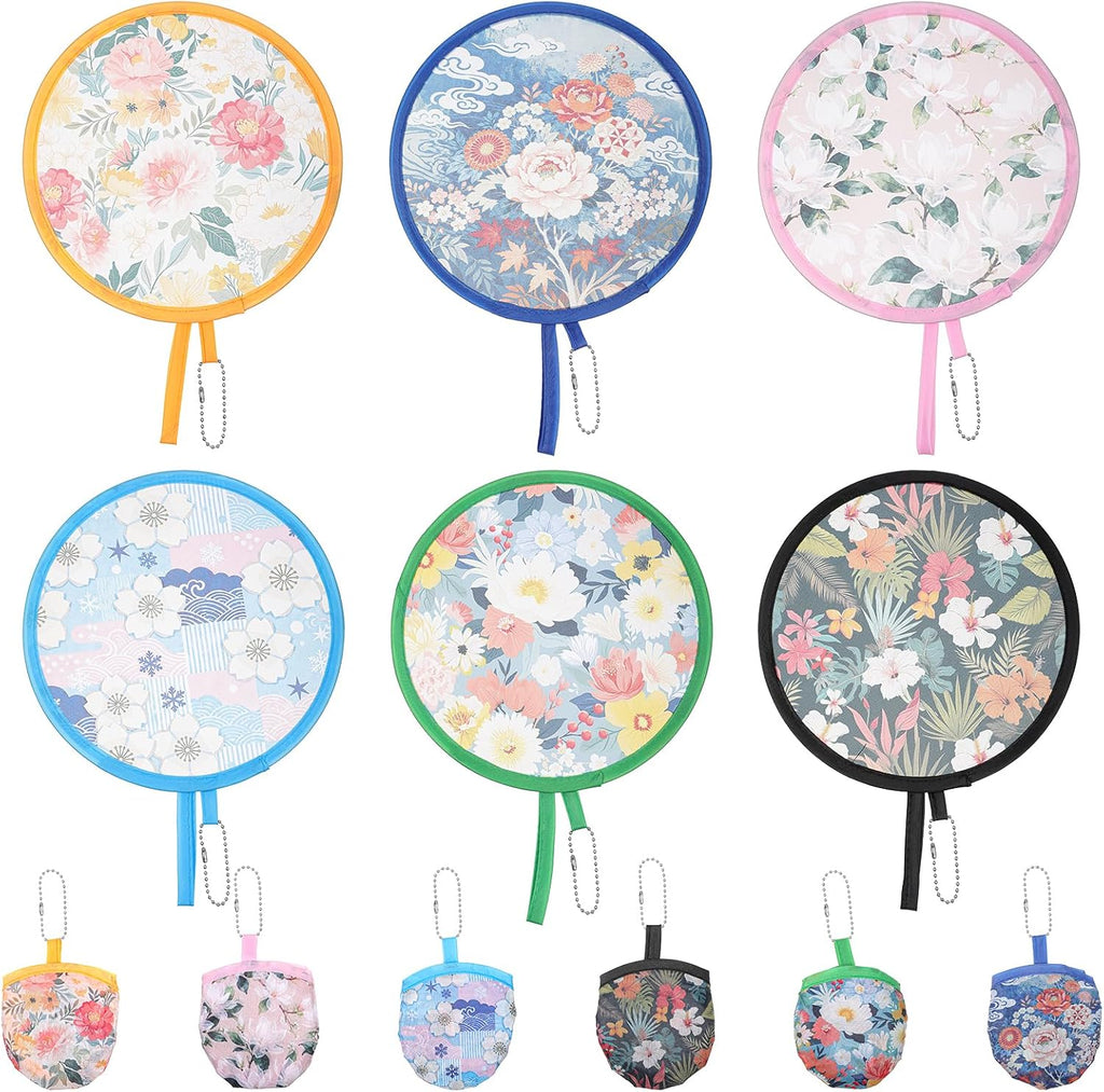 6PCS Floral Round Foldable Hand Fan, 6 Styles Round Folding Fan Japanese Cooling Fans Portable Handheld RoundFans for Indoor & Outdoor Travel Events Party Festival