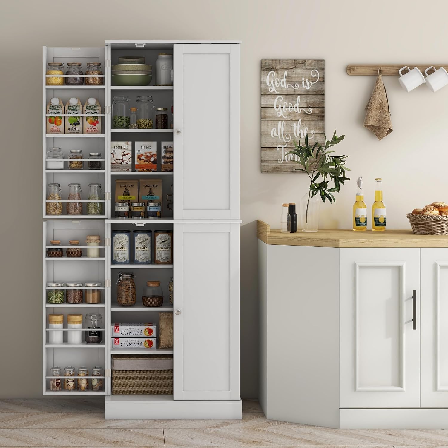 65" Kitchen Pantry Cabinet, Modern Storage Cabinet with Doors and Shelves, Freestanding Cupboard for Dining Room, White,13.8 * 23.6 * 65.4