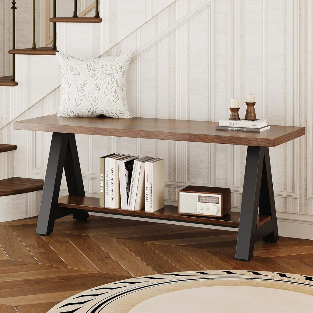 43" Farmhouse Wood Bench Industrial Entryway Bench Rustic Wood and Metal Shoe Storage Bench for Entryway, Living Room, Dining Room