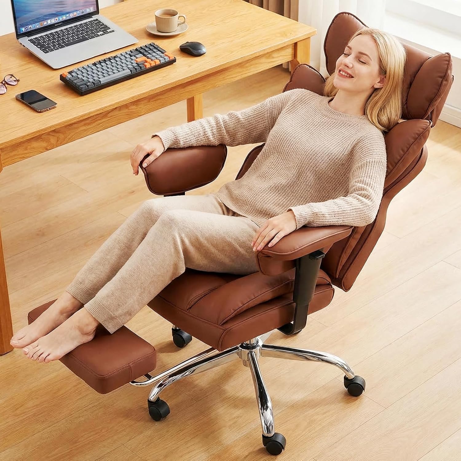 DUMOS Big and Tall Home Office Desk Chair, Gaming Computer Chair, Executive Ergonomic Chair with Footrest, High Back Reclining, Adjustable Armrests and Comfy Lumbar Support, PU Leather, Brown