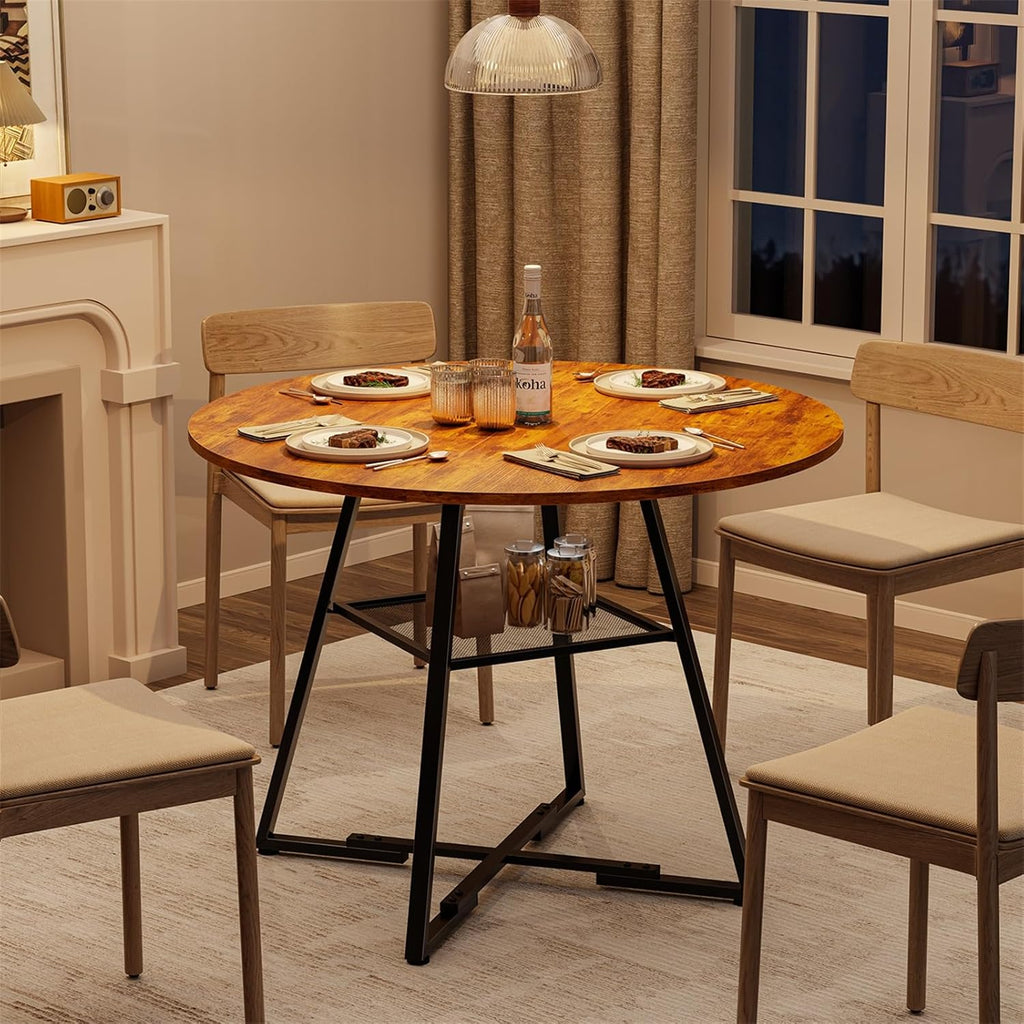 DUMOS 42" Round Dining Table for 4-6, Space Saving Kitchen Table with Dual-Tier Storage, Pedestal Metal Frame, Industrial Farmhouse Circle Dinner Table for Apartment, Vintage Wood