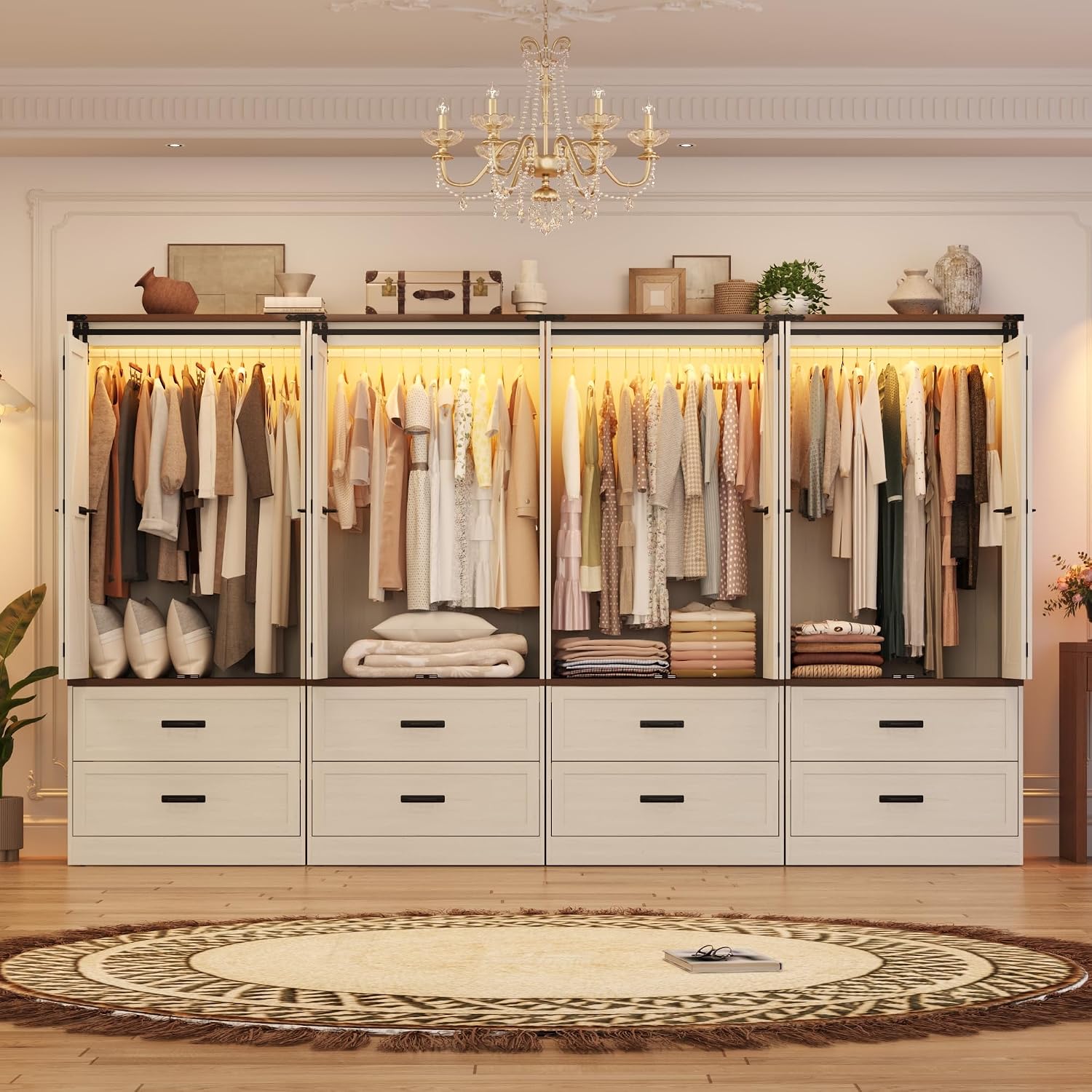 Farmhouse Wardrobe Armoire Closet with 4 Doors and 4 Drawers, 72" Wooden Clothing Storage Cabinet, Freestanding Large Capacity Storage Wardrobe Armoire with Hanging Rod for Bedroom,Antique White