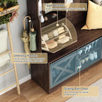 75''H 59''W Large LED Farmhouse Hall Tree with Bench and Shoe Storage,Entryway Bench with Coat Rack,16 Shoe Cubbies & Umbrella Holder and Sock Storage Drawer,Mudroom/Hallway Storages Cabinet(Brown)