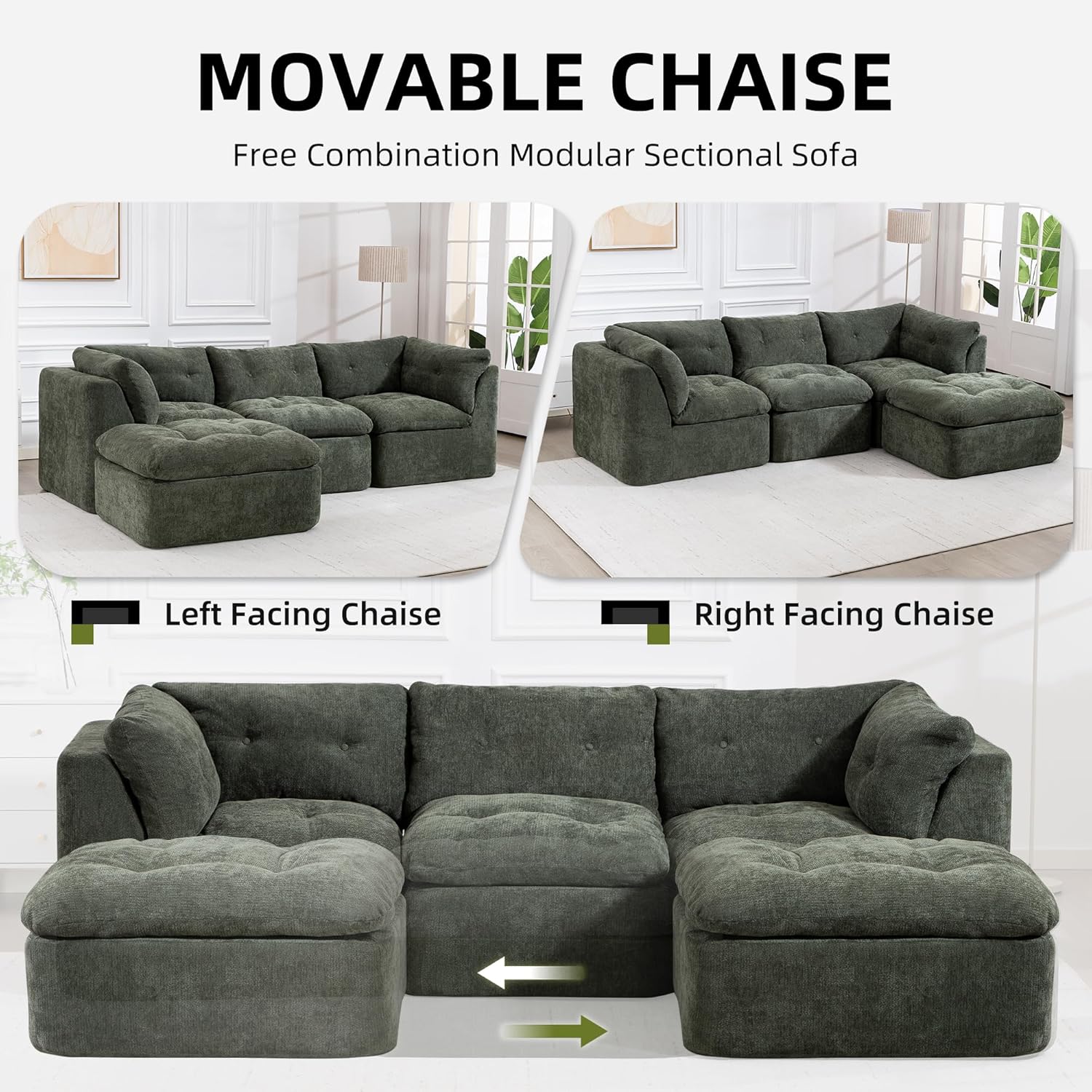 Modular Sectional Sofa with Ottoman, 112 Inch, Blackish Green