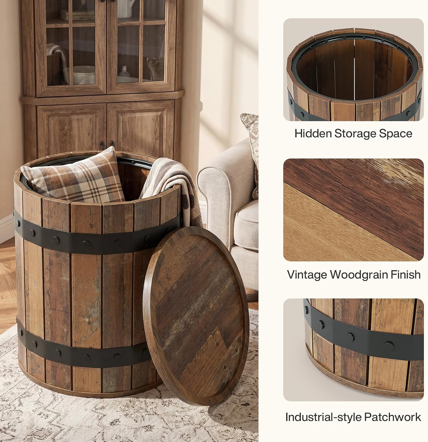 Tribesigns Barrel Side Table with Hidden Storage, 19.68" Farmhouse Round Rustic Wood End Table with Removable Lid, 24" Tall Sofa Side Bedside Nightstand for Living Room (1 PCS)