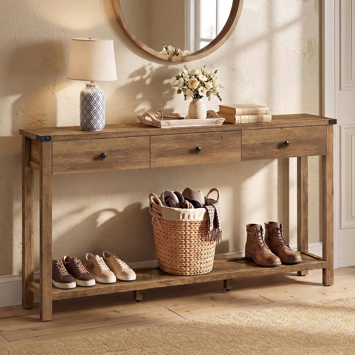 VASAGLE LIRY Collection Narrow Console Table with 3 Drawers and Storage Shelf, Long Sofa Table 9.4 x 63 x 29.9 Inch, Easy Assembly, for Entryway, Living Room, Farmhouse Style, Honey Brown ULNT148K101
