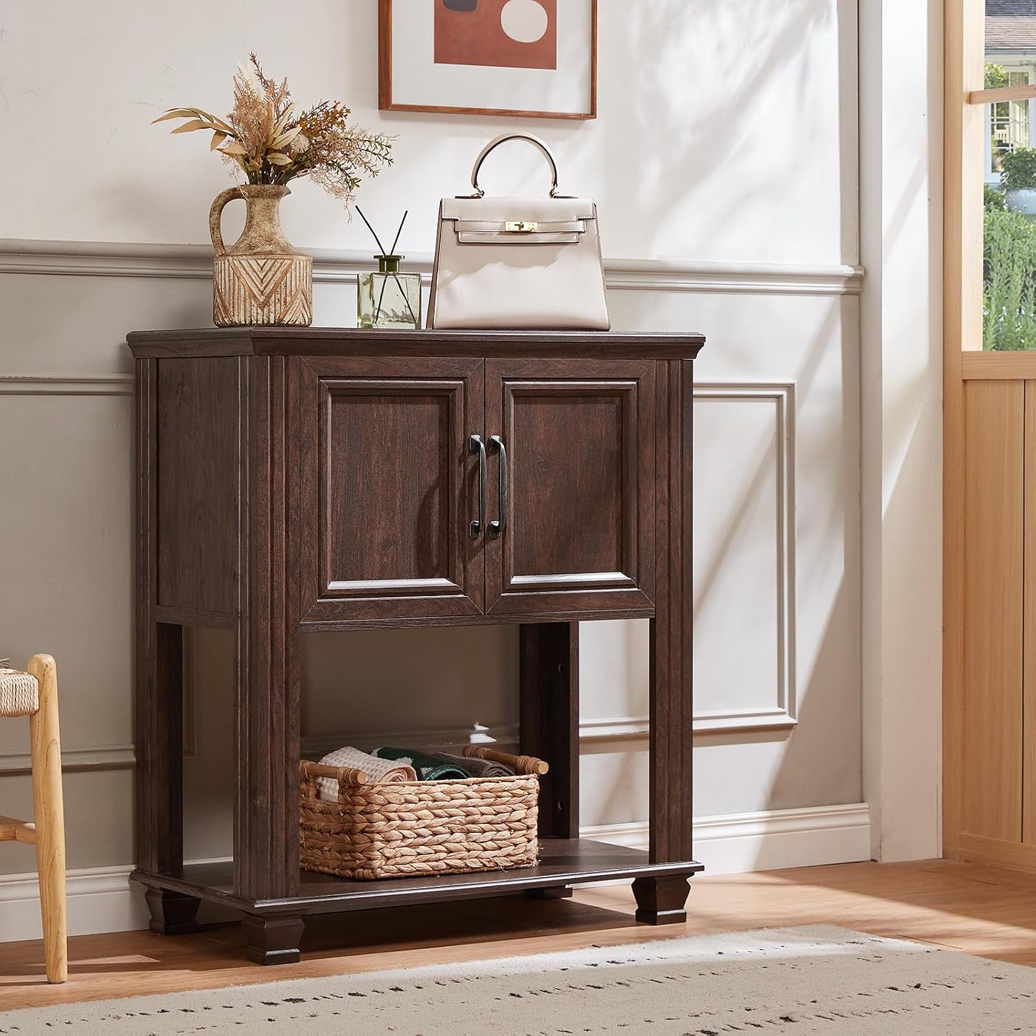 SAVOR LIFE Farmhouse Coffee Bar Table with 2-Door Cabinet, Kitchen Storage Cabinets with Open Shelf, Coffee Station for Dining Room, Kitchen, Hallway, Living Room, Walnut