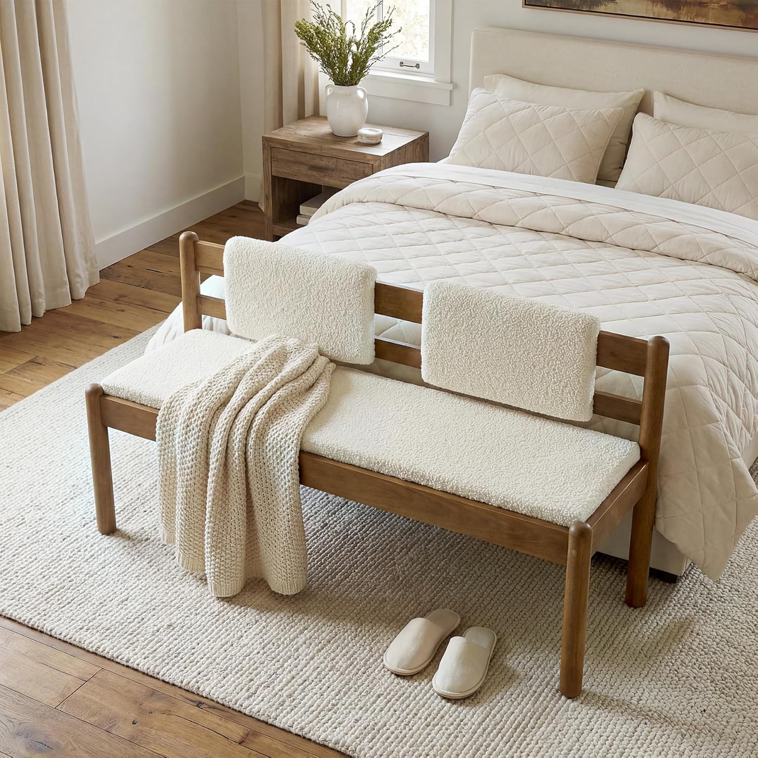 LITTLE TREE Solid Wood Entryway Bench, 49" Dining Bench with Back, Wood Settee Bench with Upholstered Seat, Farmhouse Bedroom Bench for End of Bed, Dining Room, Mudroom, Entryway, White + Walnut Brown