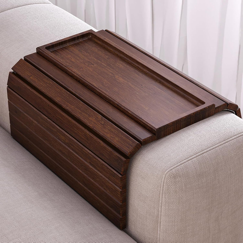 Sofa Arm Tray,Bamboo Folding Couch Arm Tray,Sofa Armrest Tray with Anti-Slip Pad for Drinks,Snacks,Phone,Remote Control（Brown）
