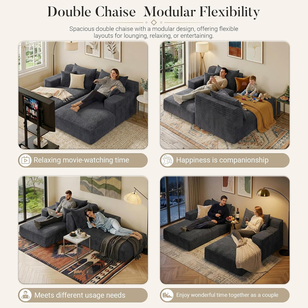 80" Boneless Chaise Lounge Chair Indoor, Double Chaise Lounge Chairs Indoor,Boneless Loveseat Chairs with Comfort Corduroy, No Assembly Required/40D Memory Foam/Living Room/Bedroom (Grey)