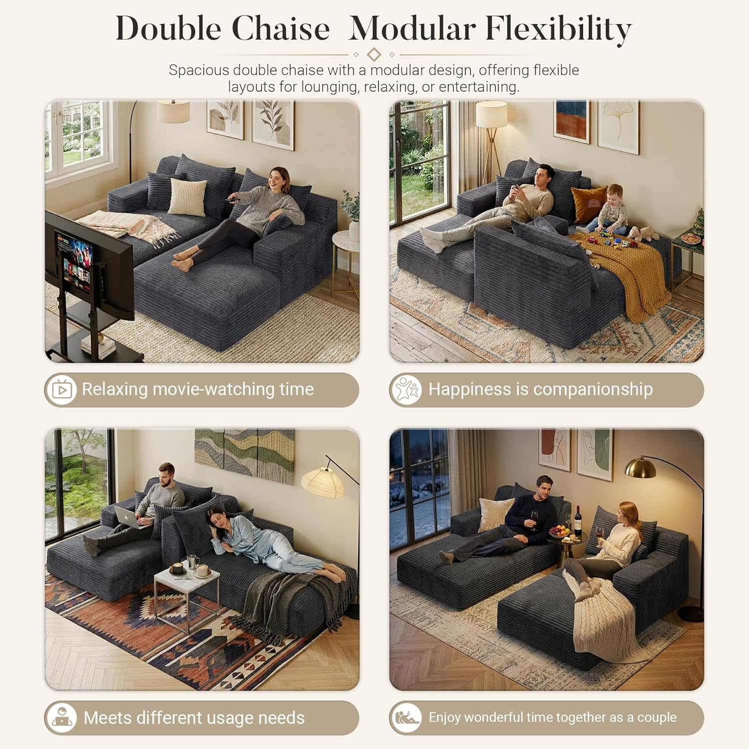 80" Boneless Chaise Lounge Chair Indoor, Double Chaise Lounge Chairs Indoor,Boneless Loveseat Chairs with Comfort Corduroy, No Assembly Required/40D Memory Foam/Living Room/Bedroom (Grey)