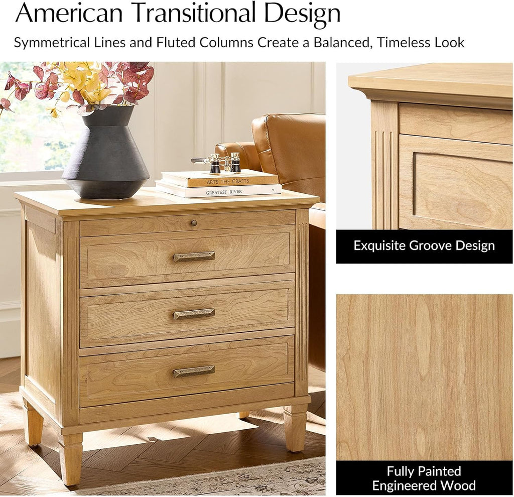 HULALA HOME Farmhouse End Table with Charging Station, Pull-Out Tray, 3 Drawers End Table with Solid Wood Legs, Wood Veneer Side Table with Open Shelf Set of 2, Natural