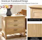 HULALA HOME Farmhouse End Table with Charging Station, Pull-Out Tray, 3 Drawers End Table with Solid Wood Legs, Wood Veneer Side Table with Open Shelf Set of 2, Natural