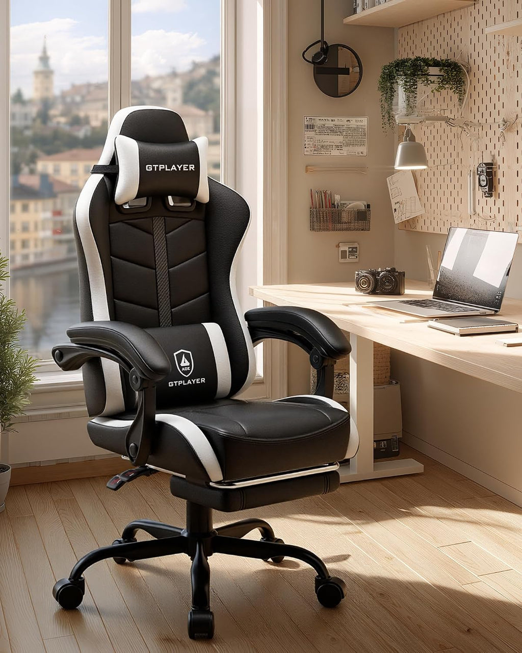 GTPLAYER Gaming Chair for Adults, Ergonomic Computer Gaming Chair with Footrest, Height Adjustable, 90-155° Recline & Removable Headrest Lumbar Support, White