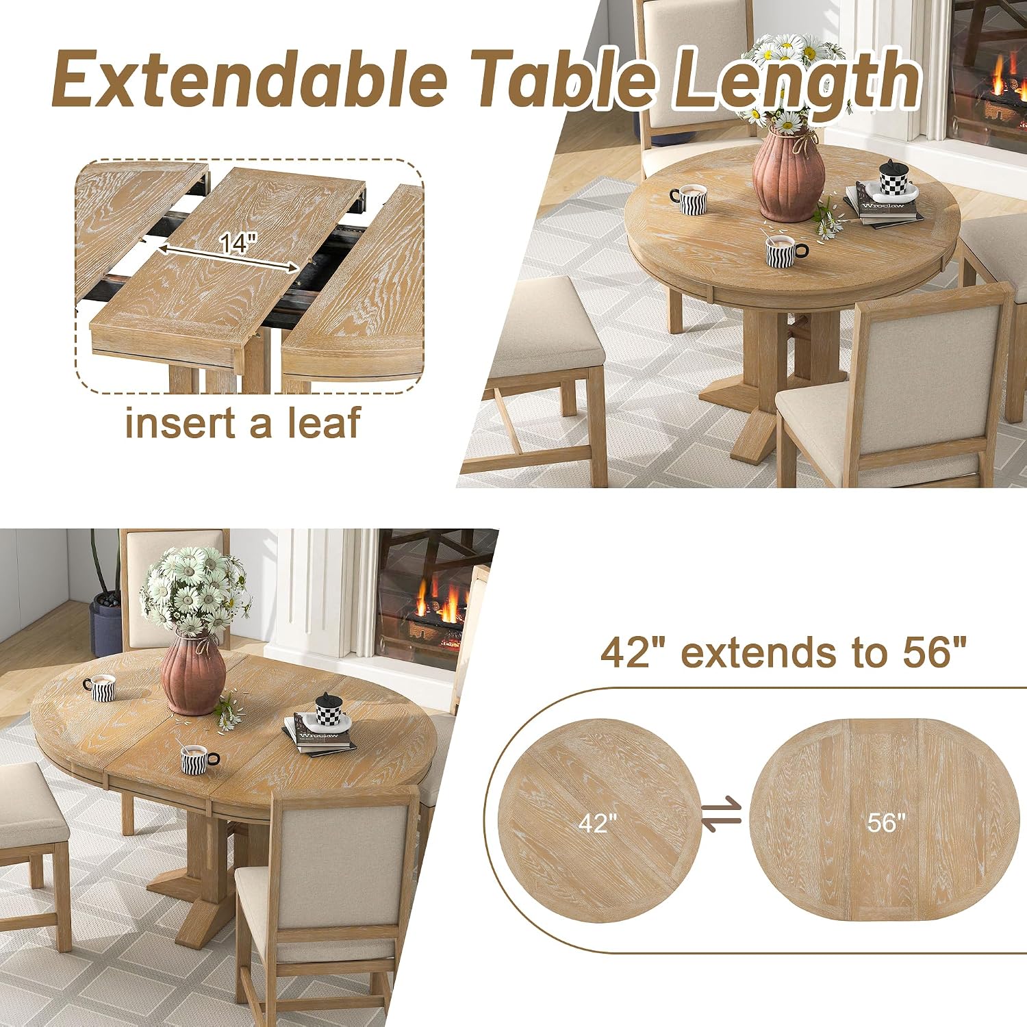 Merax Farmhouse Expandable Round Dining Table, 42 to 56 Inch Vintage Solid Wood Kitchen Table with Removable Oval Leaf, Retro Distressed Finish for Dining Room, Seats 6, Natural