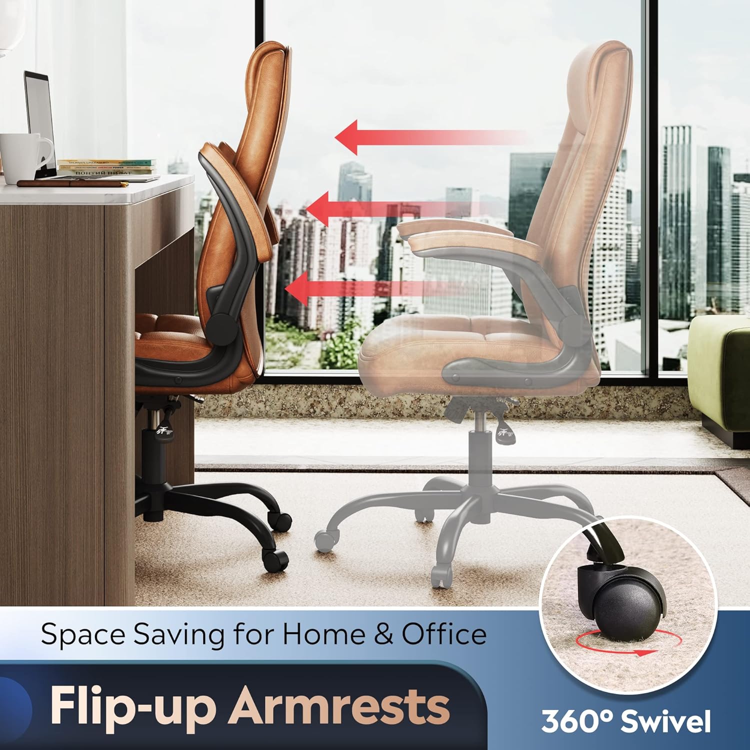 DEVAISE Executive Chair Computer Office Chair, High Back Ergonomic Desk Chair with Adjustable Flip-up Armrests, Lumbar Support and Thick Headrest, Brown