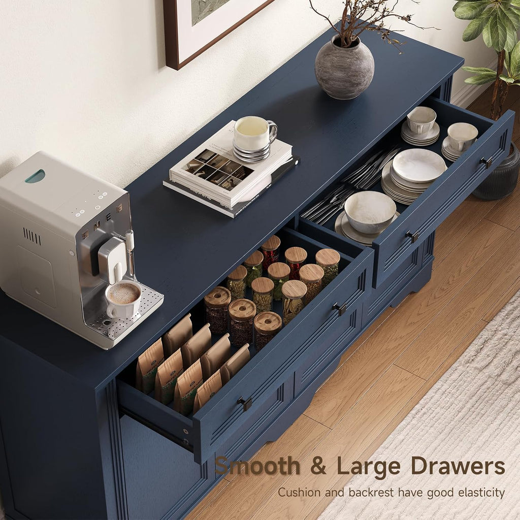 ONBRILL 63" Sideboard Buffet Cabinet, Kitchen Buffet Storage Cabinet, Large Credenza with Drawers & Doors, Wood Coffee Bar Console Wine Bar for Living Room Hallway Blue