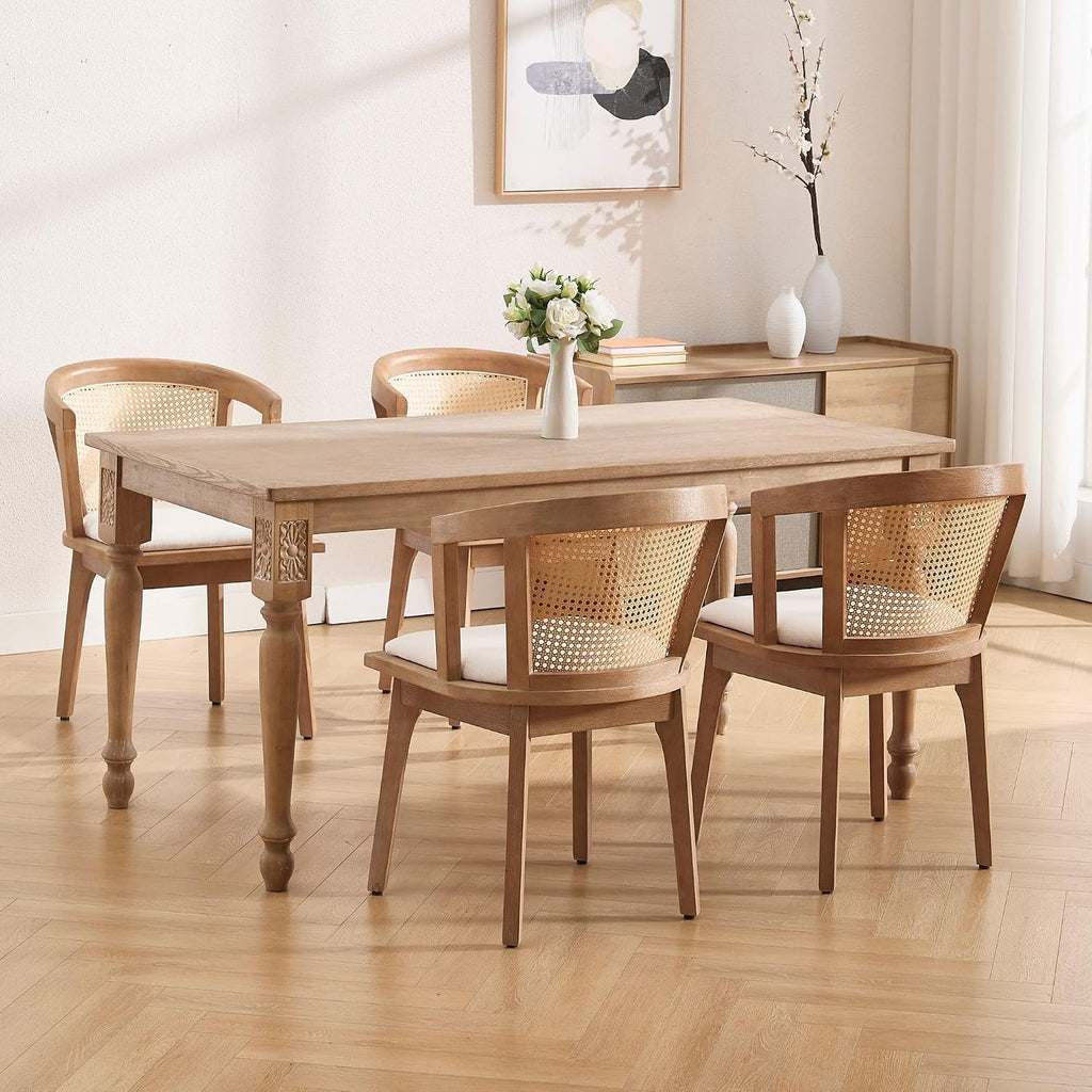 BESTANO Rattan Dining Chairs Set of 4, Mid Century Modern Farmhouse Wood Dining Room Chairs, Upholstered Comfortable Kitchen Dining Side Chair with Cane Woven Back, Beige Linen