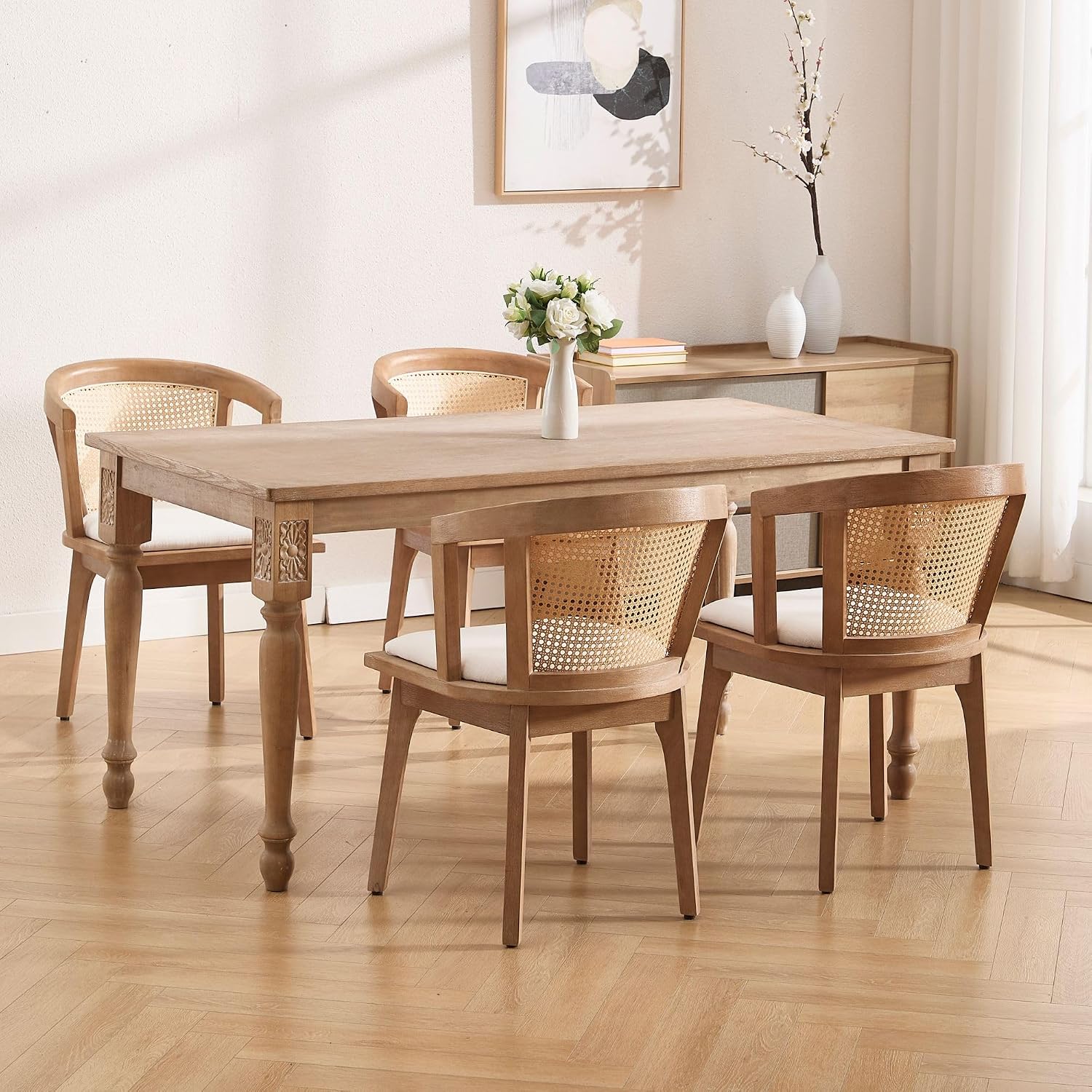 BESTANO Rattan Dining Chairs Set of 4, Mid Century Modern Farmhouse Wood Dining Room Chairs, Upholstered Comfortable Kitchen Dining Side Chair with Cane Woven Back, Beige Linen