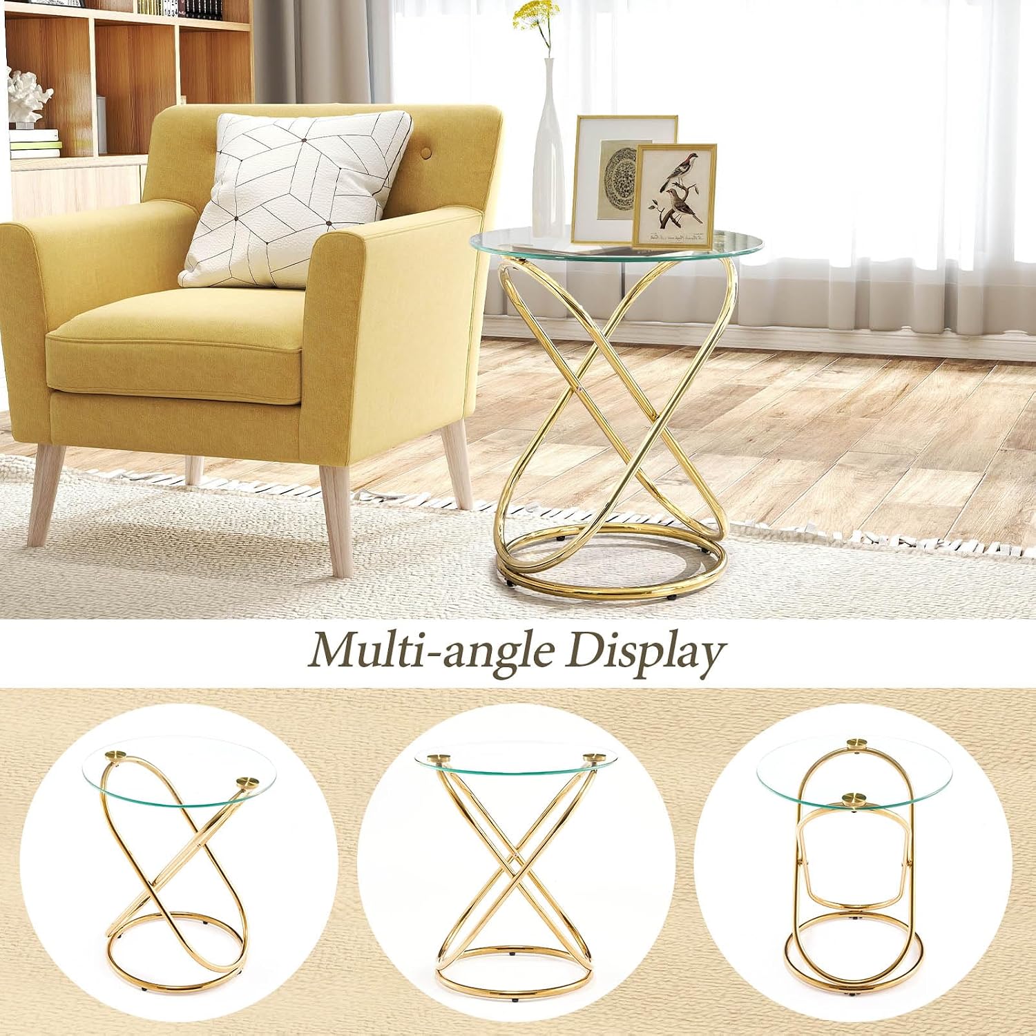 BECHAEO 19.7" Round Glass Gold Side Table with Gold-Plated Metal Ring-Shaped Frame for Living Room, Modern Round Glass End Table Nightstand for Bedroom, Small Side Table for Small Spaces