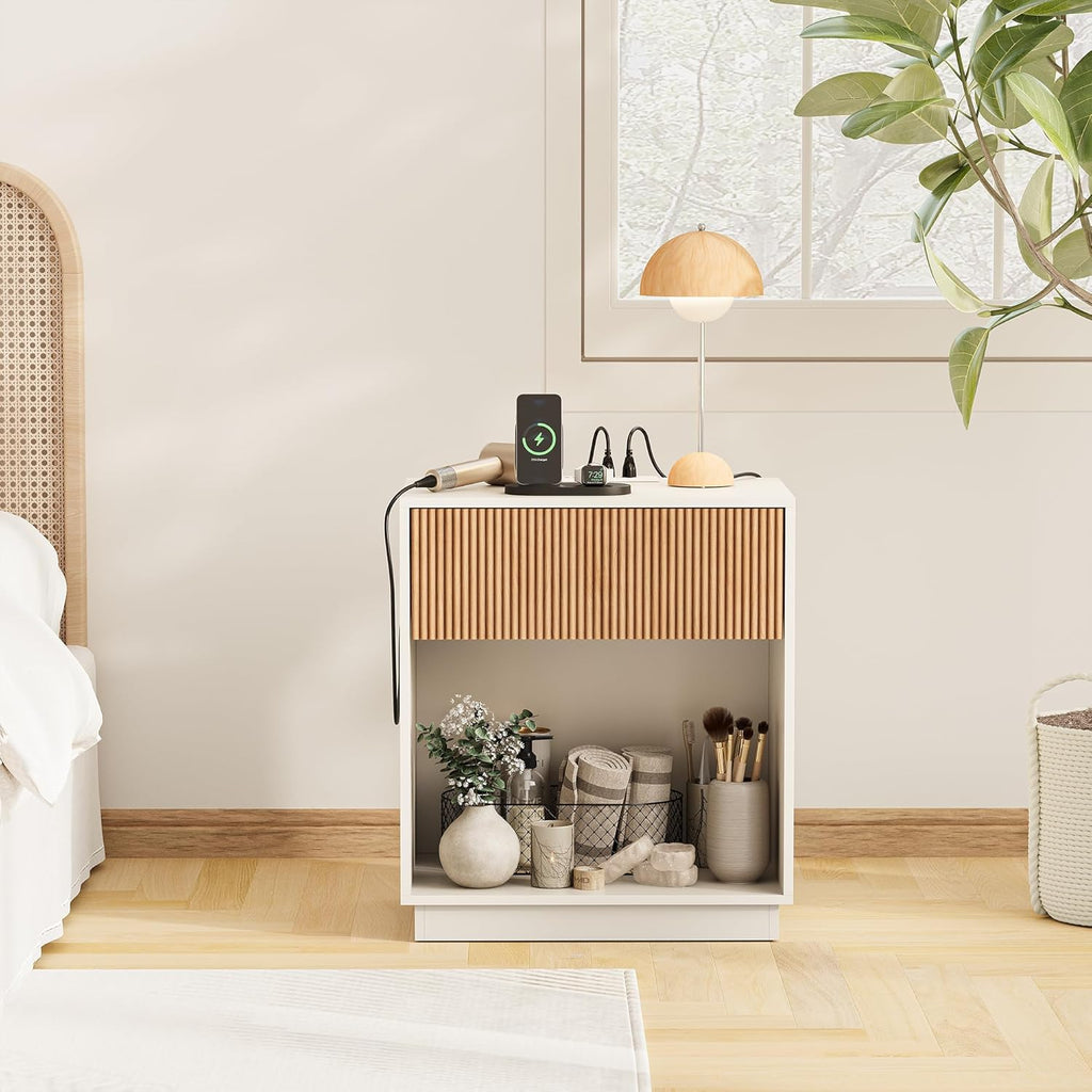 End Table with Charging Station, Fluted Nightstands Set of 2,Modern Bedside Table with Drawer and Storage Shelf, Wood End Table Mid Century Night Stands for Bedroom Living Room(White+Oak)