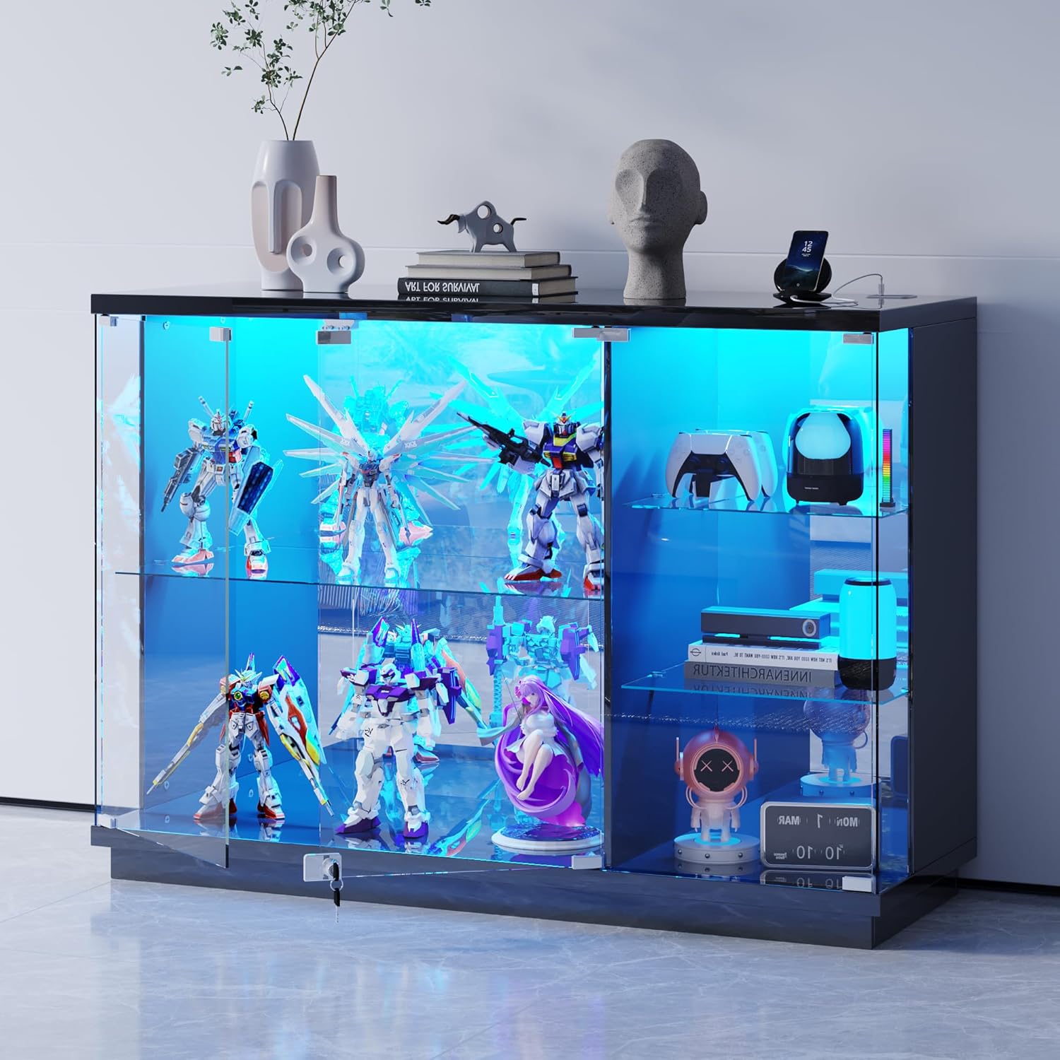 High Gloss Glass Display Cabinet with Lock & LED Light for Toys, Black | Curio Cabinet with Human Body Sensor & Glass Shelves, Display Case for Toys, Books, Collectibles, Sideboard for Living Room