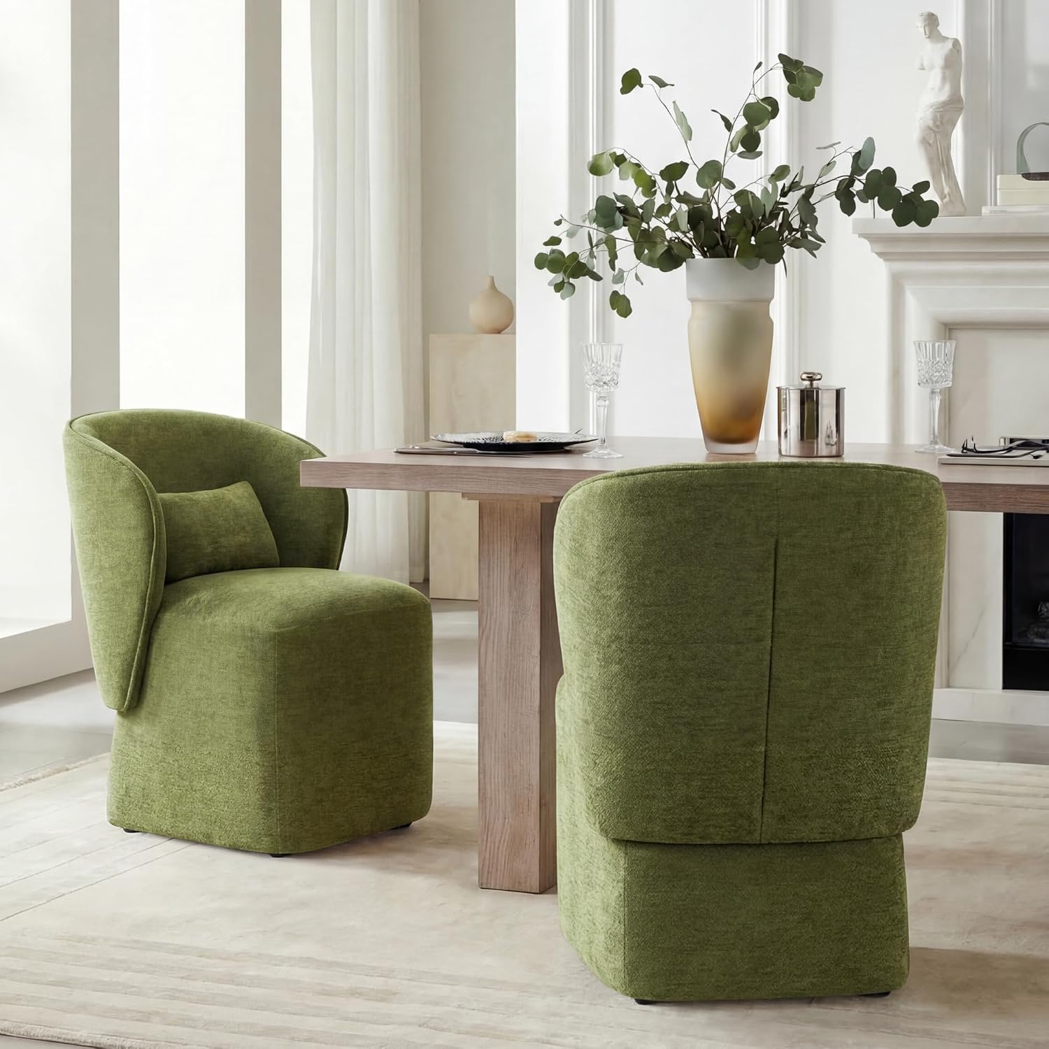 KISLOT Upholstered Dining Chairs with Wheels, Easy Assembly Stain Resistant Fabric Modern Barrel Armchair with Lumbar Cushion, Dining Room Chairs for Kitchen Living Room Bedroom, Green, Set of 2