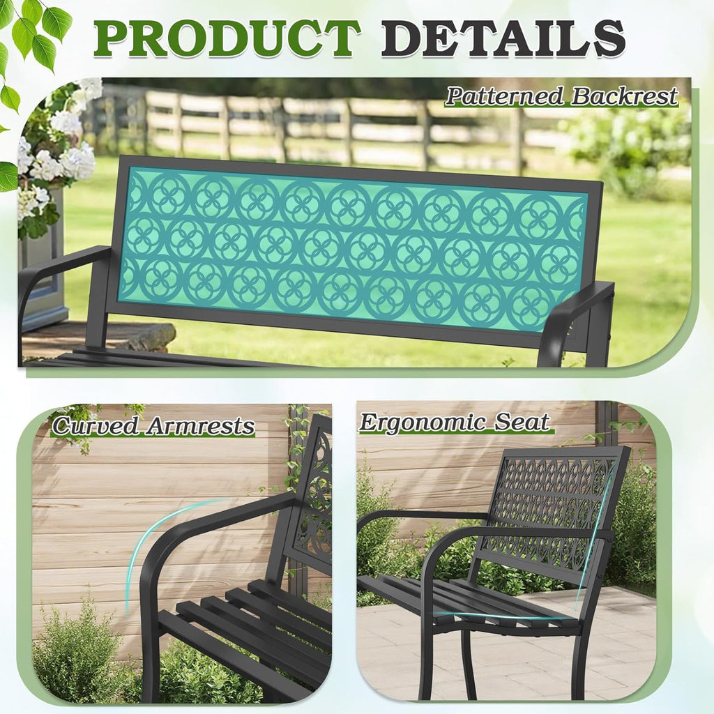 44" Outdoor Garden Bench, Iron Metal Frame Patio Bench with Backrest and Armrests, Weatherproof Anti-Rust Outdoor Bench for Front Porch, Park, Yard, Patio (411-Black)