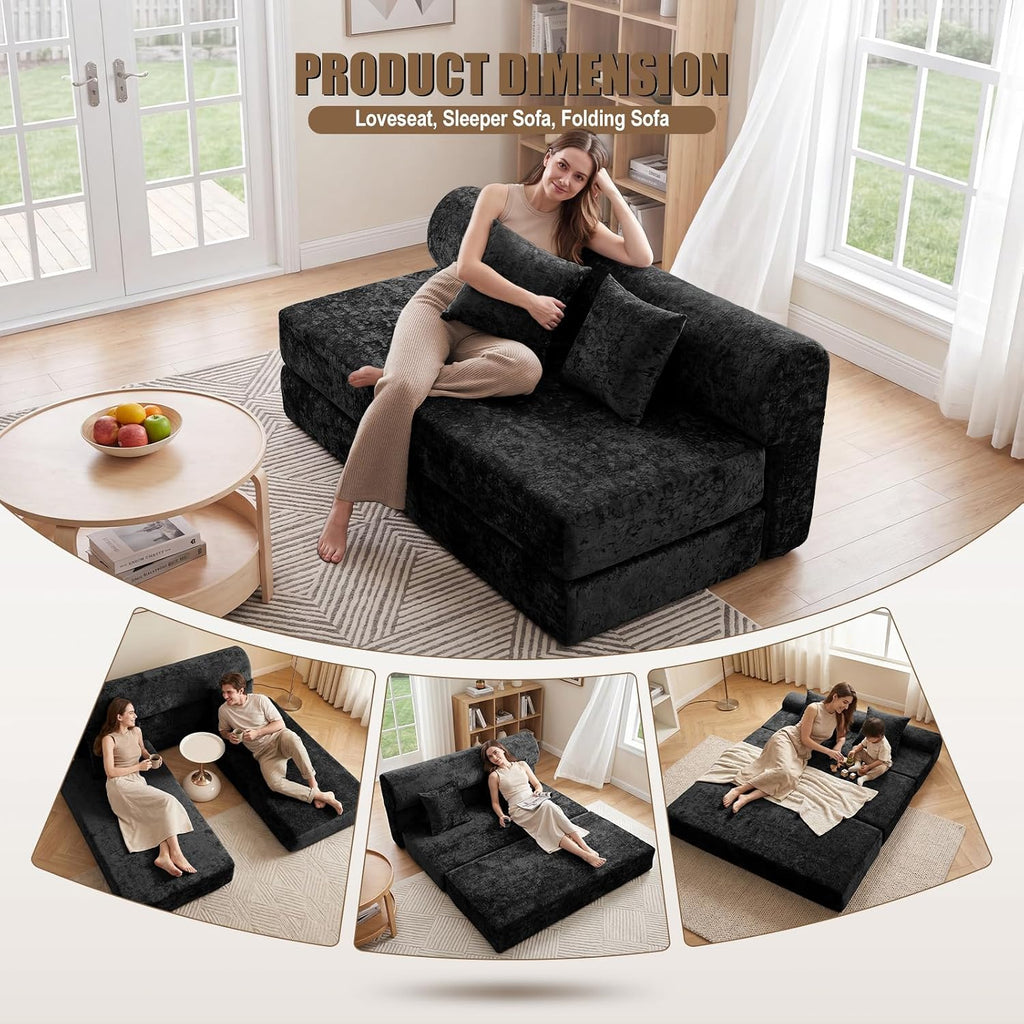 59" Convertible Sofa Bed with High Backrest & Washable Cover, Compression Boneless Couch in a Box, Sectional Loveseat Floor Sleeper Sofa for Bedroom, Living Room, BlackFleece