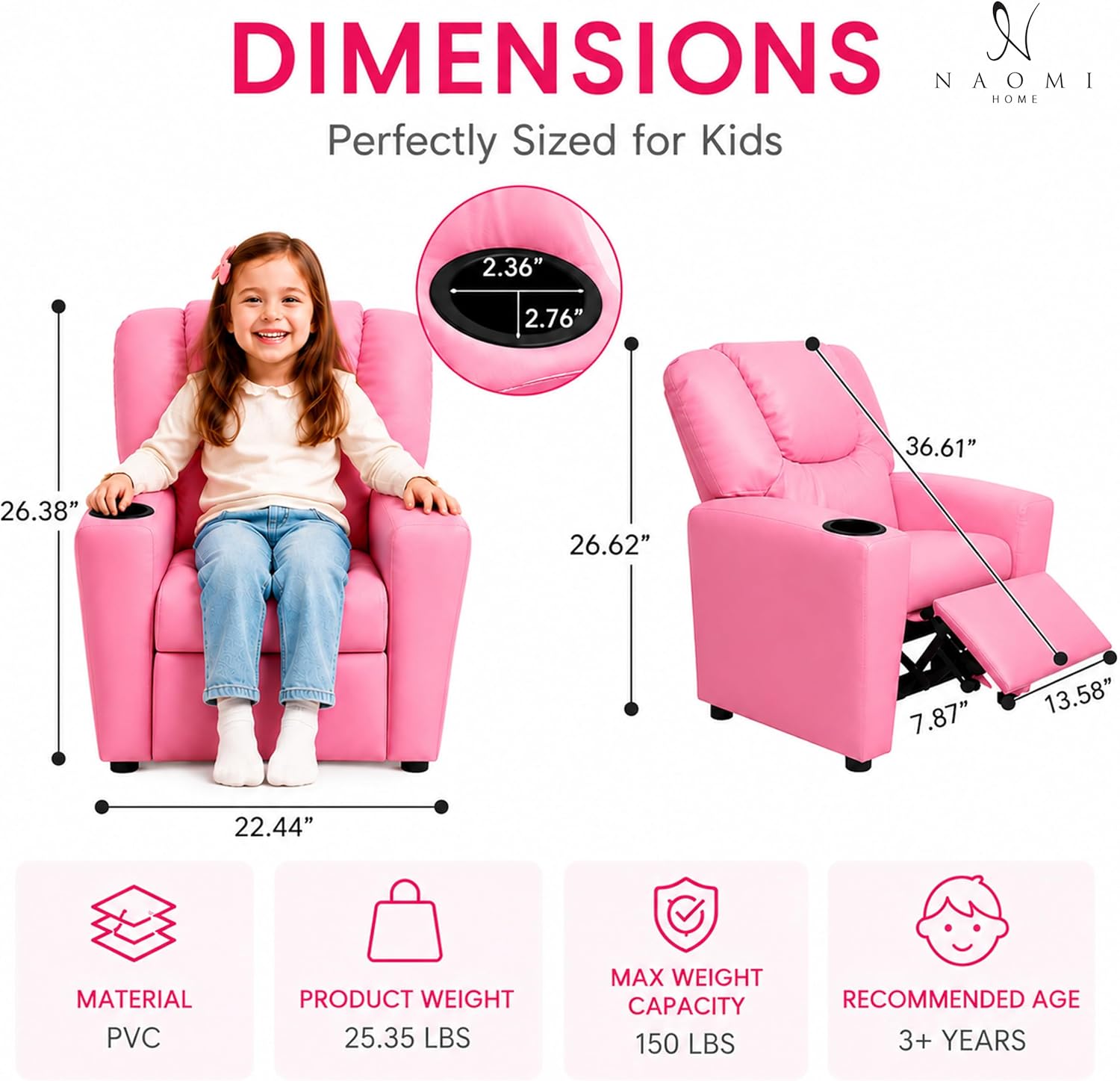 Naomi Home Suri Kids Recliner Chair: 150 Lbs Capacity & Solid Hardwood Frame for Ultimate Durability. Built to Grow Toddler & Children Sofa with Cup Holder, Footrest & 3 Recline Positions - Pink