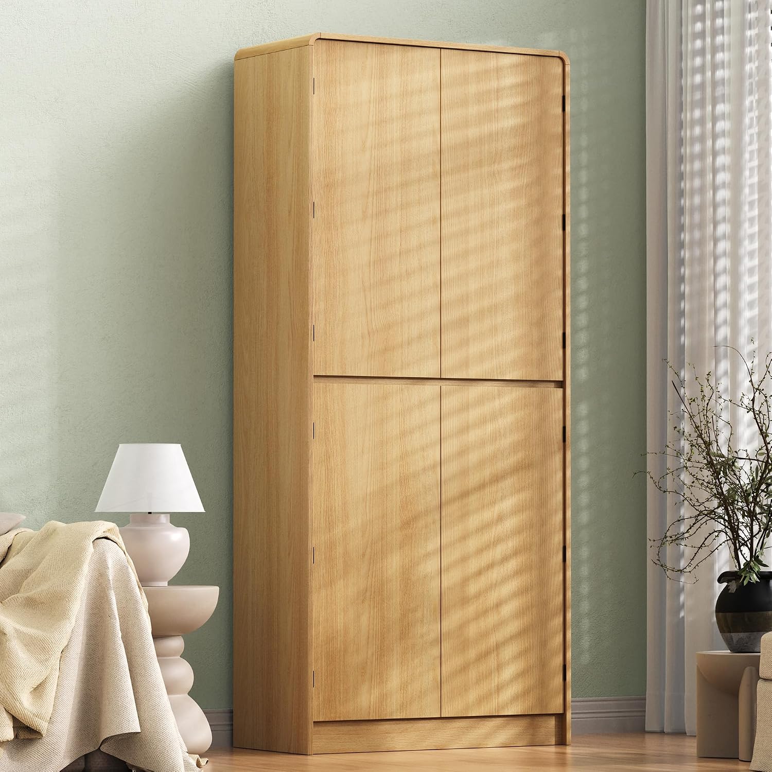 72" Tall Farmhouse Kitchen Pantry Cabinet with 8 Door Shelves, Curved Design Storage Cabinet with 3 Adjustable Shelves, Hidden Drawer, Versatile Cupboard for Kitchen, Dining Room, Natural