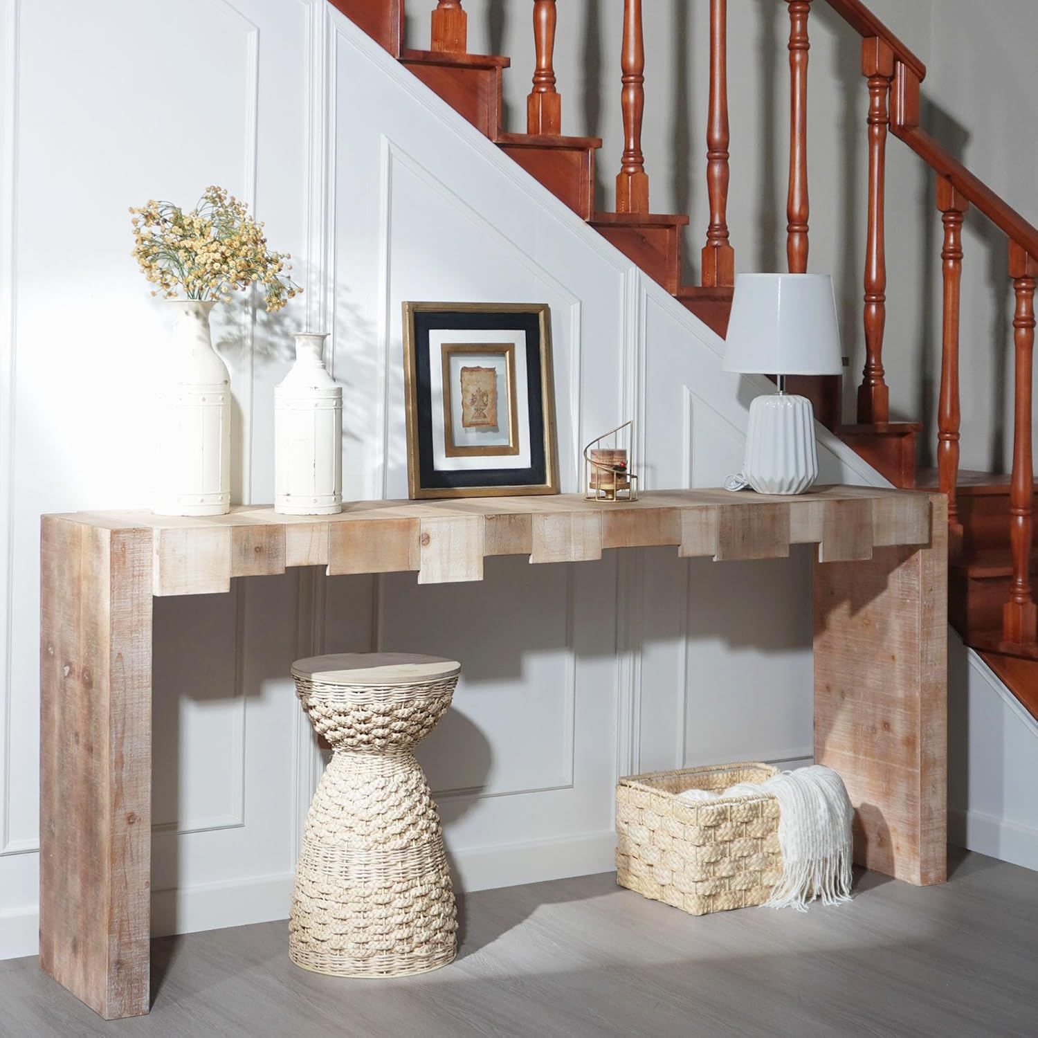 71" Rustic Wooden Console Table with Step-Block Design, Mid Century Modern Sofa Table Behind Couch, Farmhouse Wood Entryway Table for Living Room, Entrance