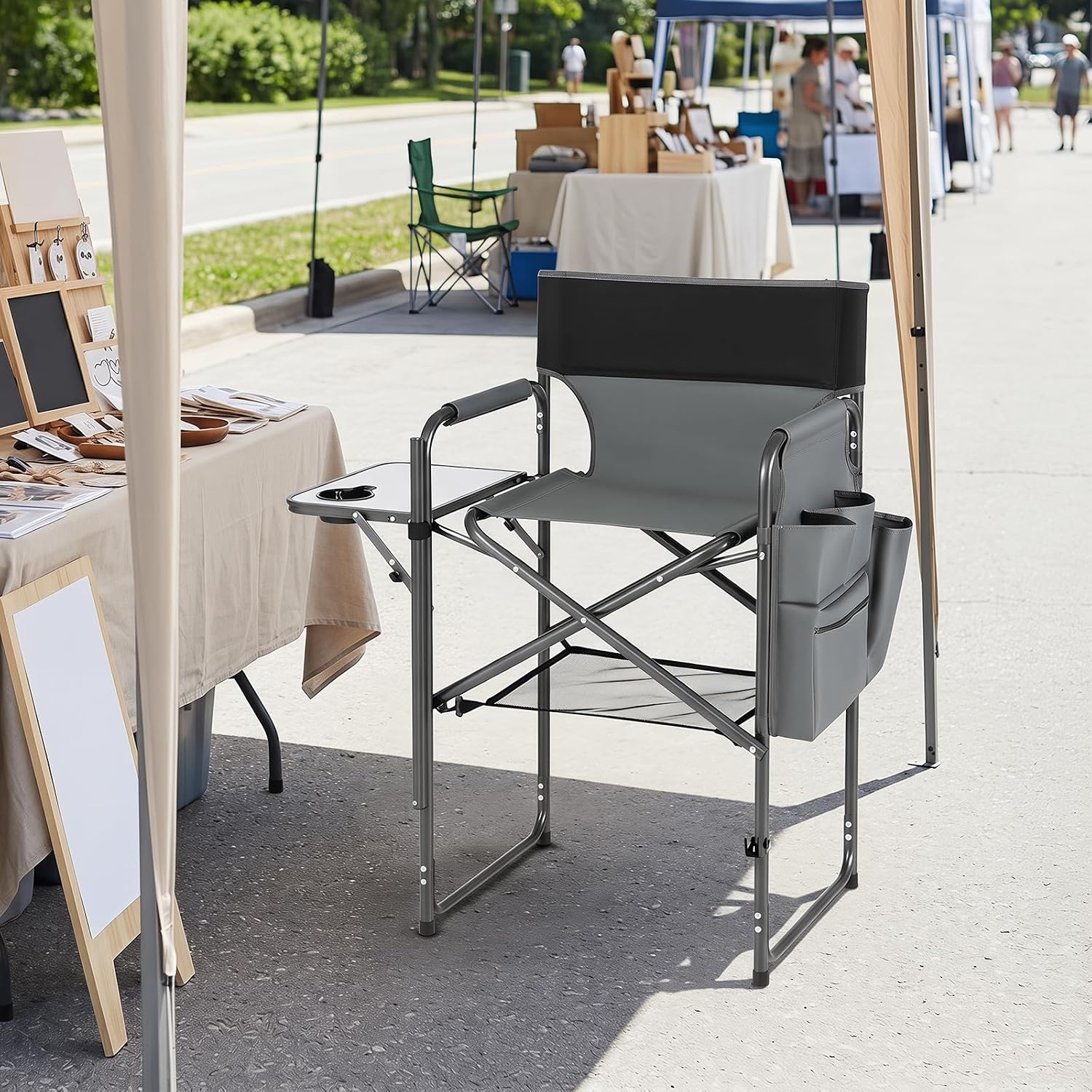 COSTWAY Folding Tall Director Chair, 26" Seat Height Portable Camping Chair with Side Table, Cup Holders, Storage Pockets, Footrest, Compact Makeup Salon Chair Support 350 lbs