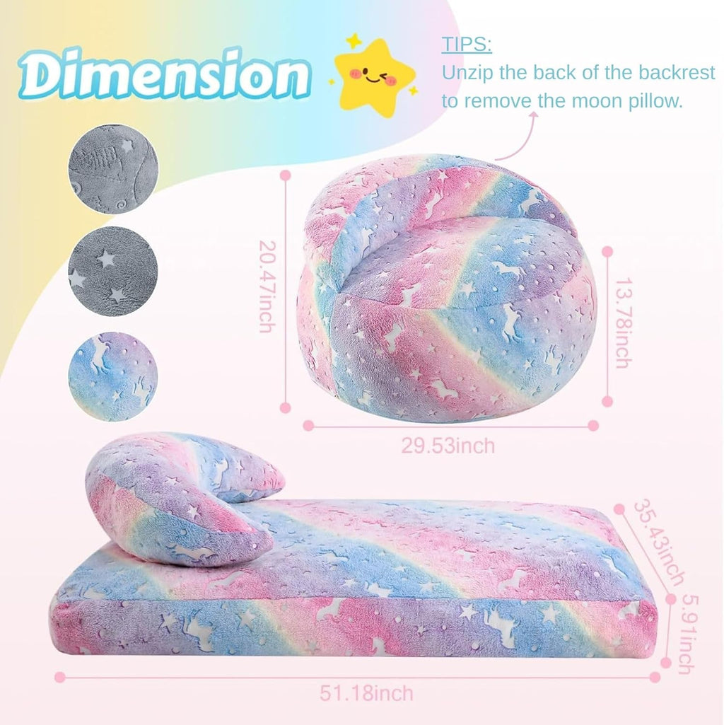 COMAX Bean Bag Chair for Kids, Unicorn Convertible Toddler Beanbag Bed, Children Bean Chair Stuffed to Floor Mattress with Filler, Colorful Rainbow