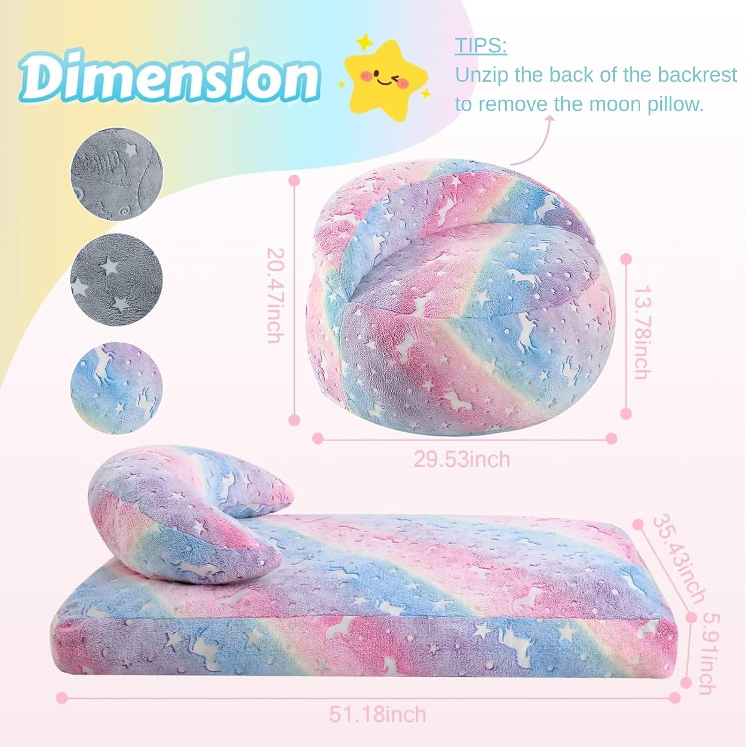 COMAX Bean Bag Chair for Kids, Unicorn Convertible Toddler Beanbag Bed, Children Bean Chair Stuffed to Floor Mattress with Filler, Colorful Rainbow