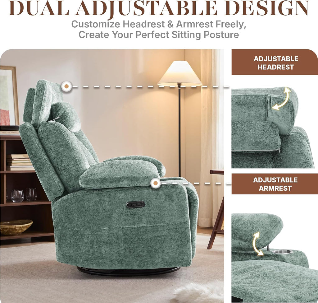 Recliner Chair, 360° Swivel Rocker Recliner for Adults, Rocking Recliners with Massage & Heat, Nursery Rocking Chairs with Cup Holders, Manual Reclining Glider for Living Room, Nursery