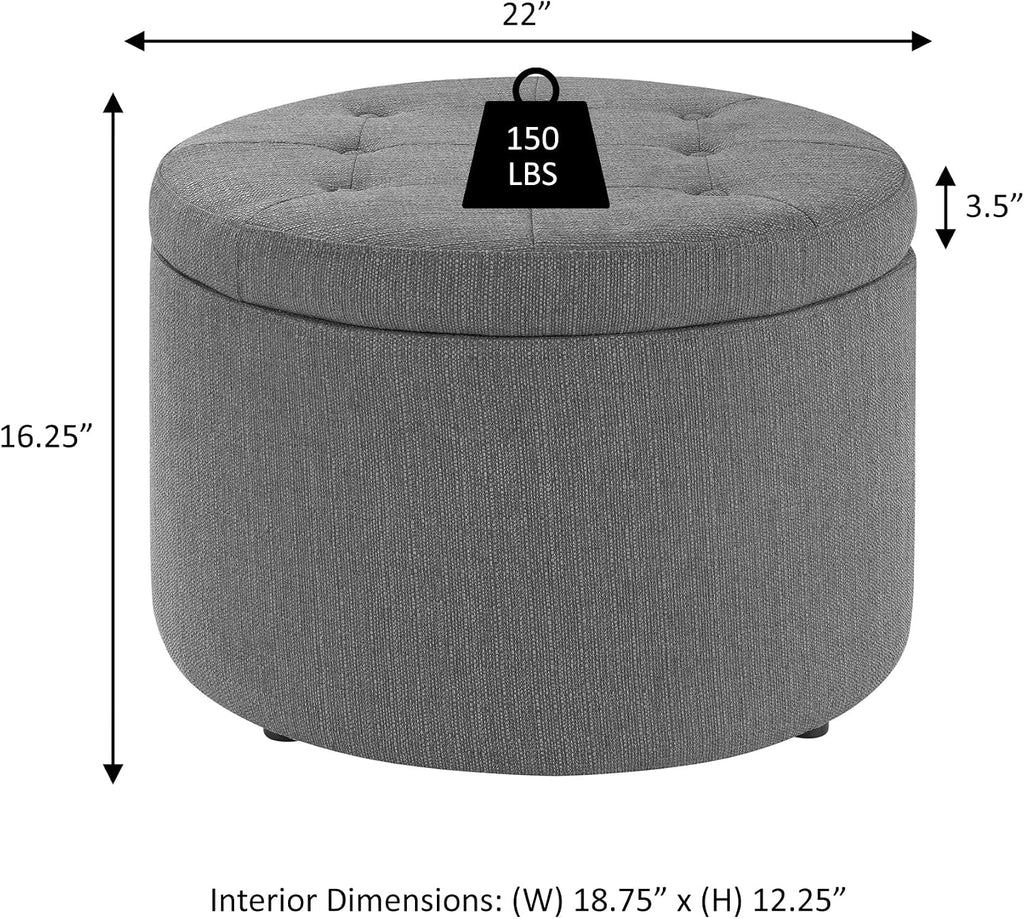 Convenience Concepts Designs4Comfort Round Shoe Ottoman 22" - Upholstered Footstool, Small Table, & Seat with Storage Compartment for Living Room, Entryway, Bedroom, Sandstone Fabric